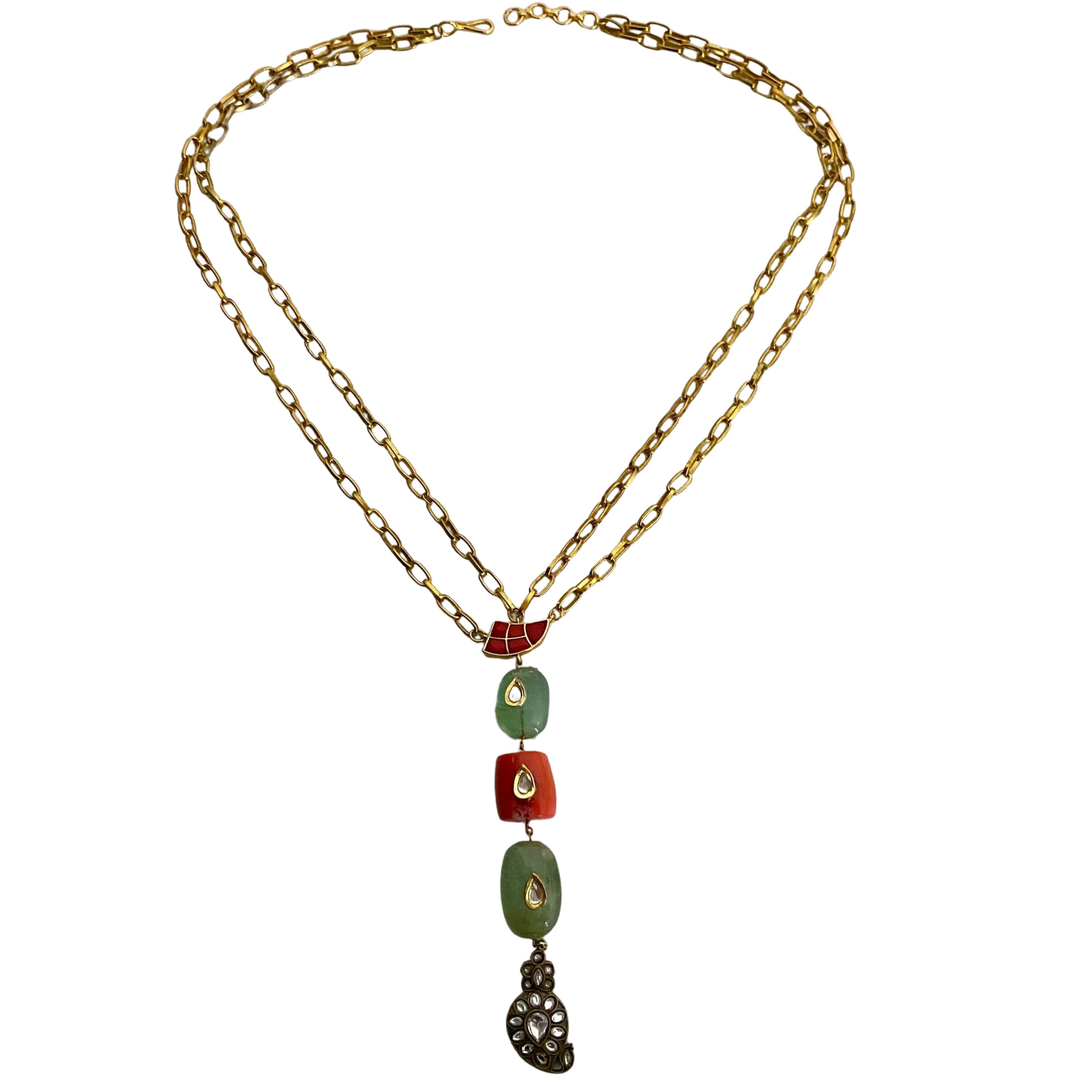 9rock The Coral and Emerald Cascade Long Necklace Set - kundan Jewellery