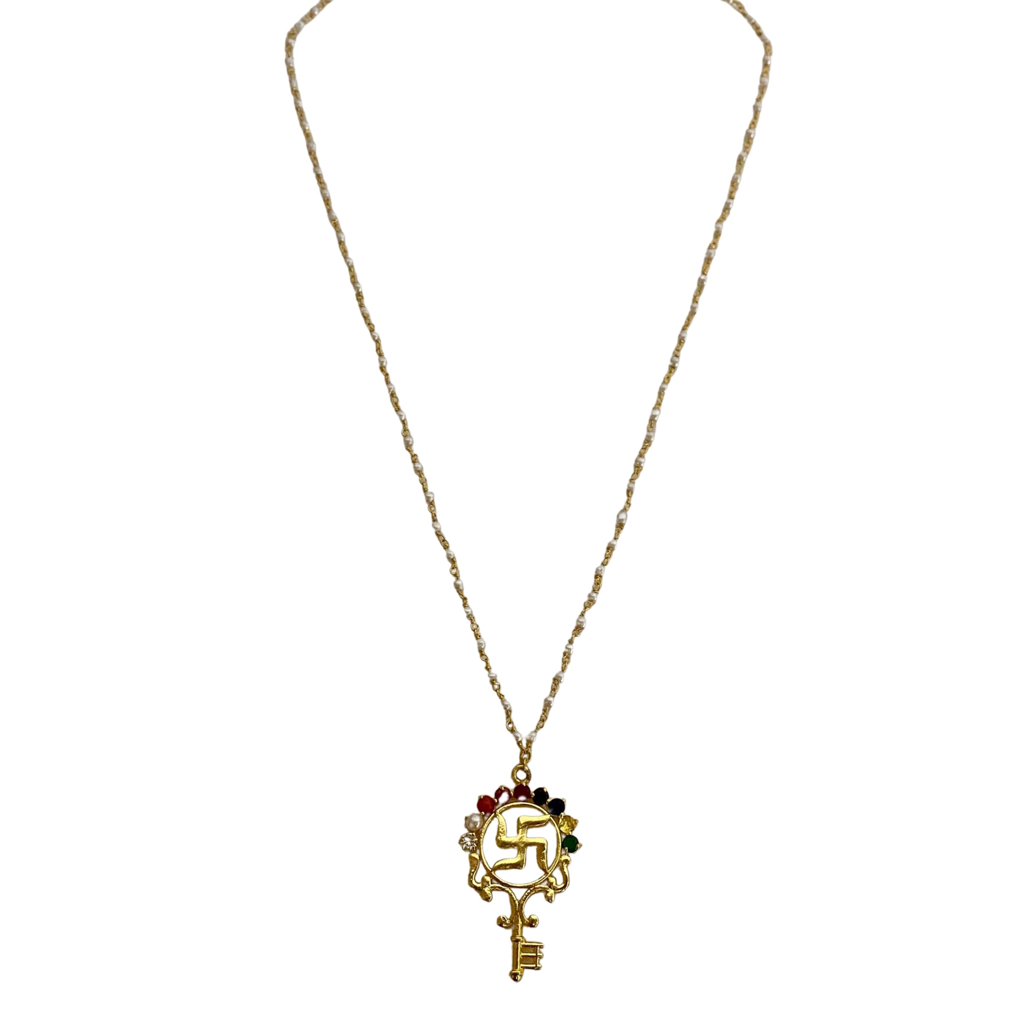 9rock The Golden Key Swastik Long Necklace Set - kundan Jewellery
