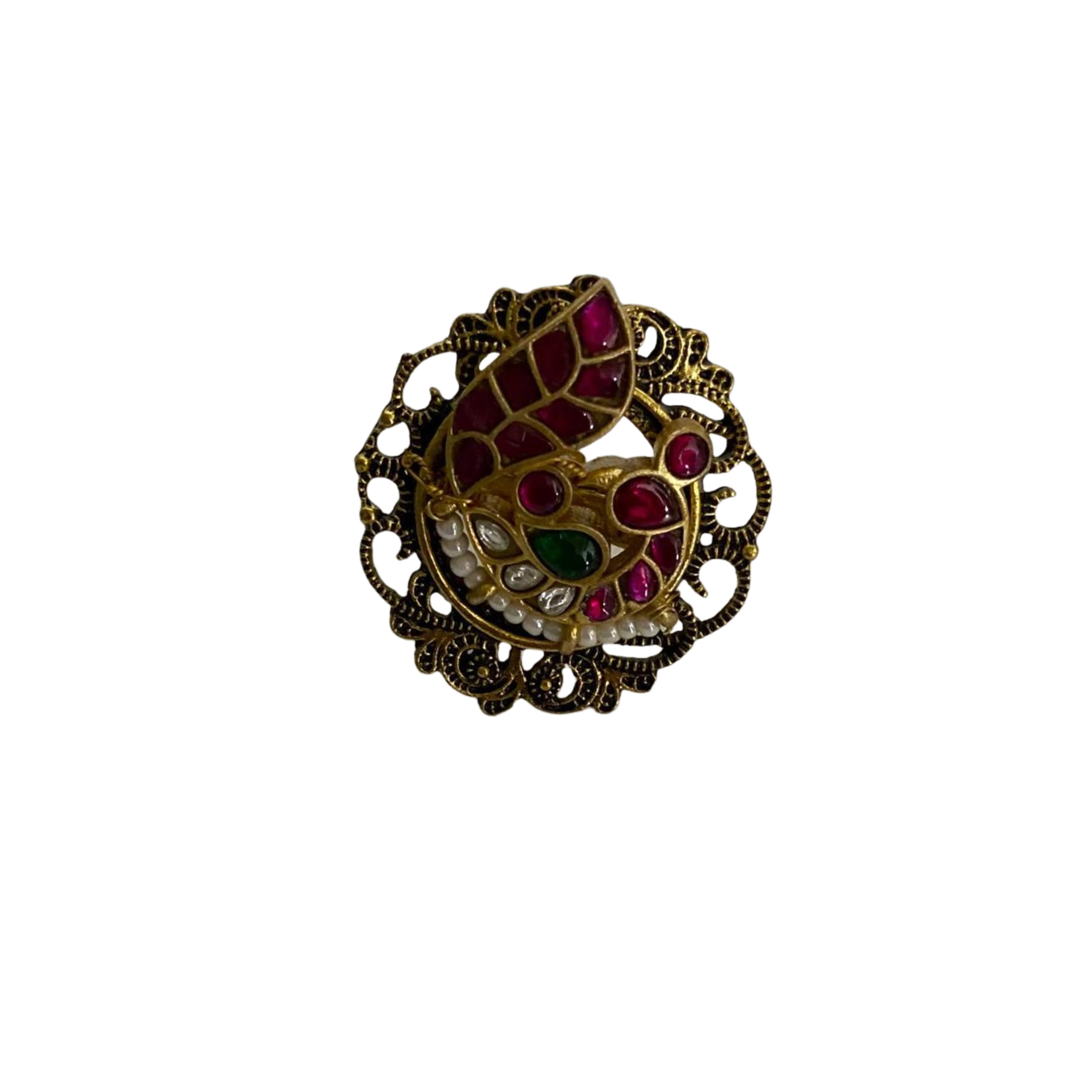 9rock The Ruby Peacock Kundan Ring - kundan Jewellery