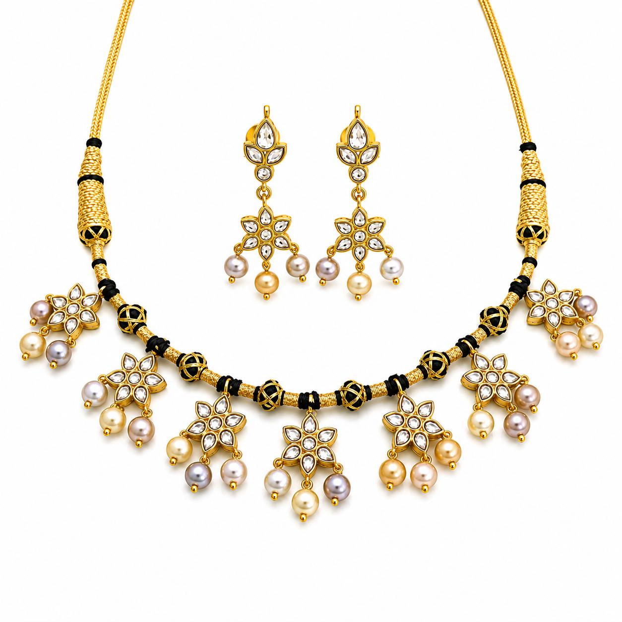Floral Pearl Kundan Necklace & Earring Set