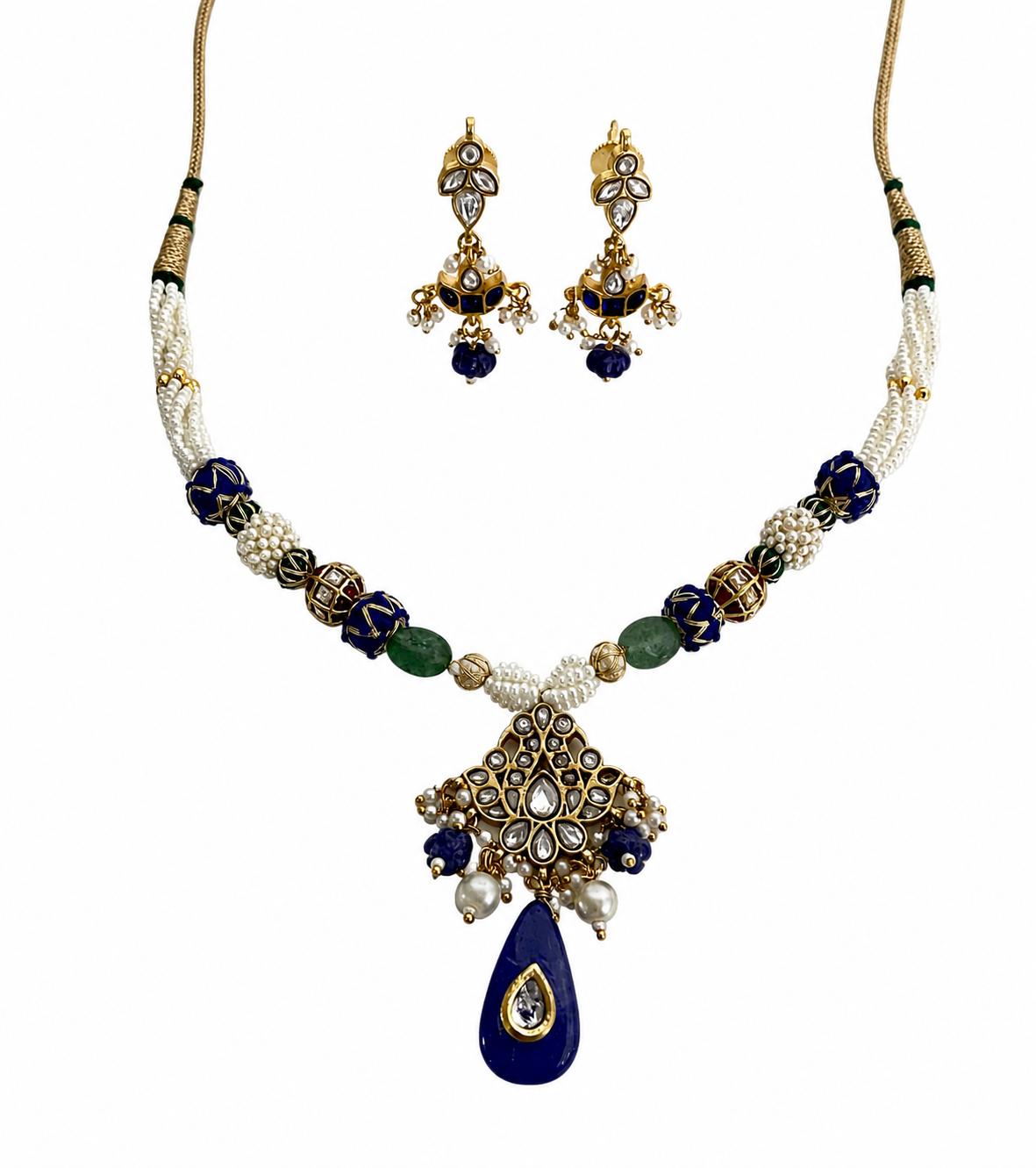 9rock The Royal Blue Kundan Necklace Earring Set - kundan Jewellery