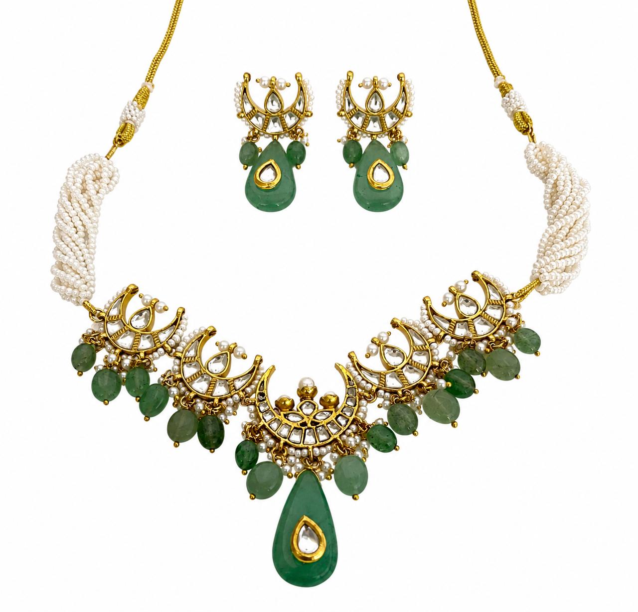 9rock Emerald Crescent Kundan Necklace & Earring Set - kundan Jewellery