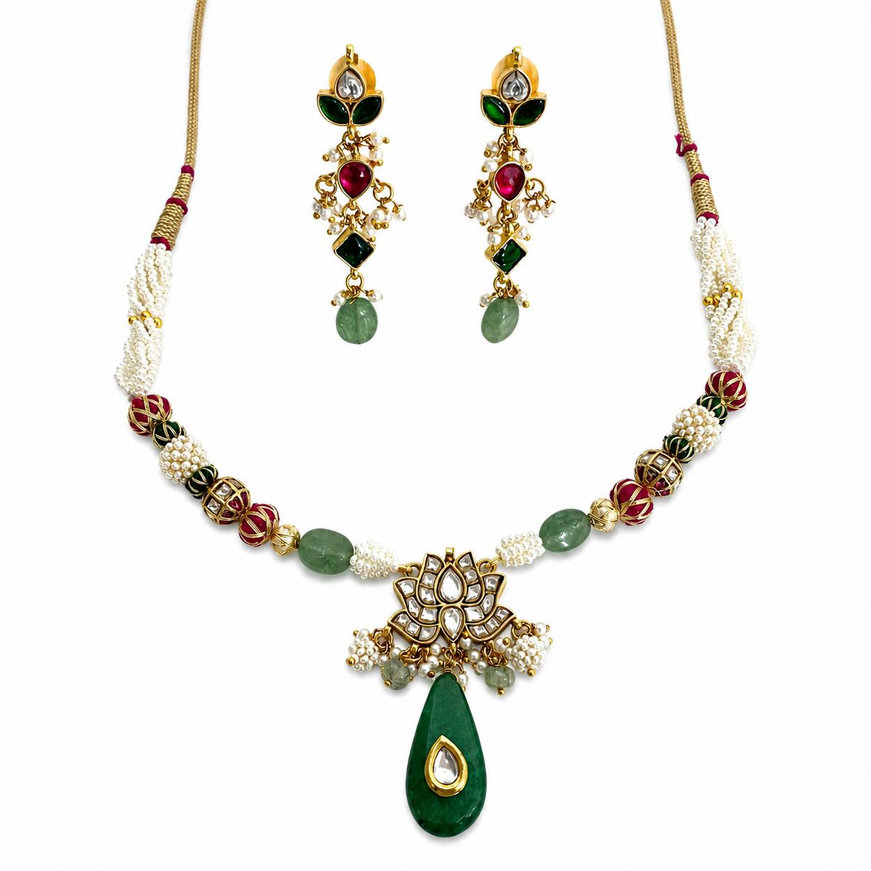 Emerald Lotus Kundan Necklace & Earring Set