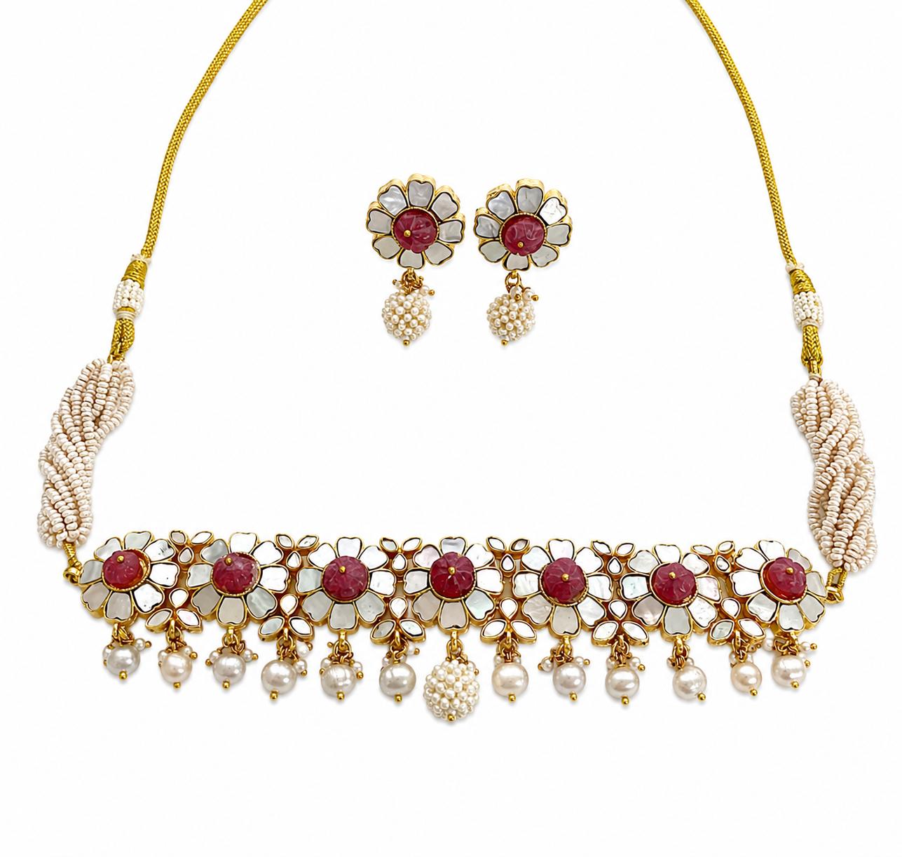 9rock The Ruby Bloom Floral Necklace & Earring Set - kundan Jewellery