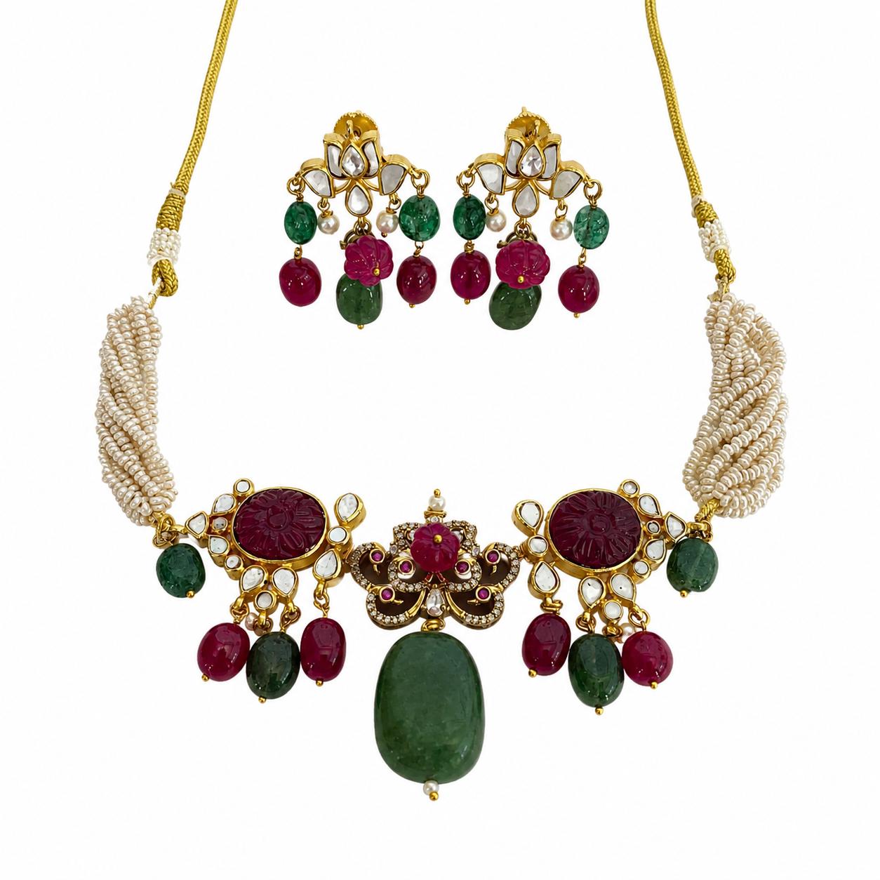 9rock The Ruby Emerald Kundan Necklace & Earring Set - kundan Jewellery