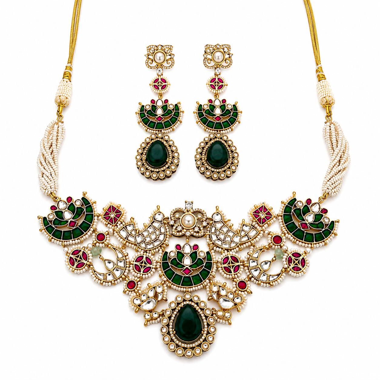 9rock The Emerald Luster Kundan Necklace & Earring Set - kundan Jewellery