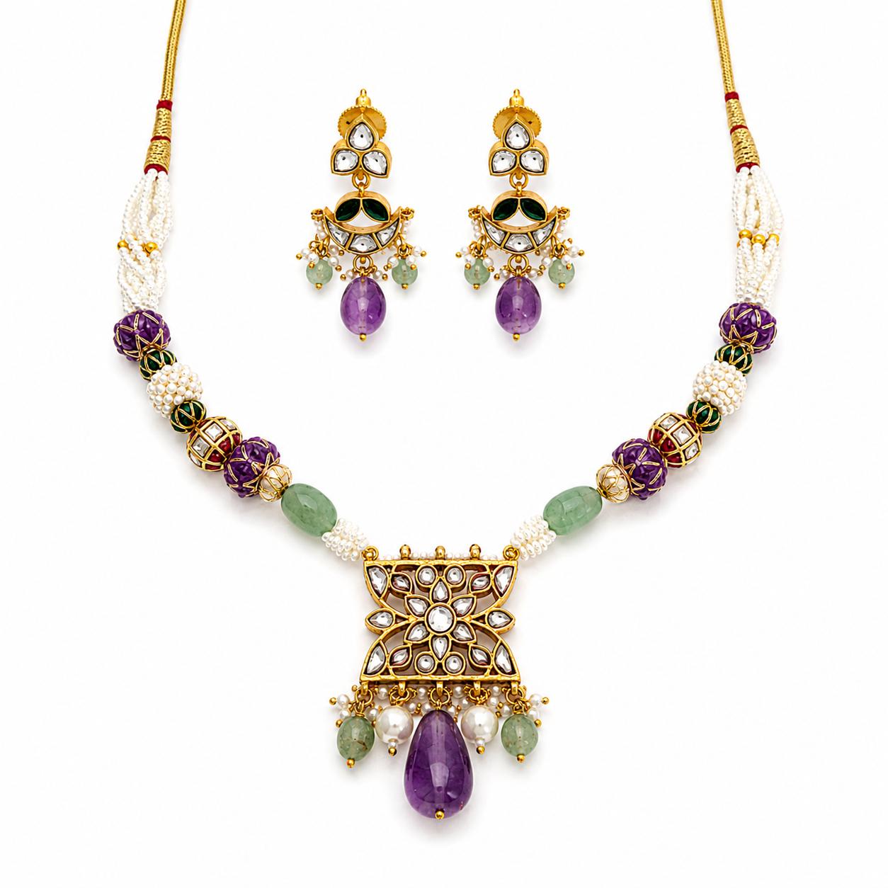 9rock Amethyst Blossom Kundan Necklace & Earring Set - kundan Jewellery