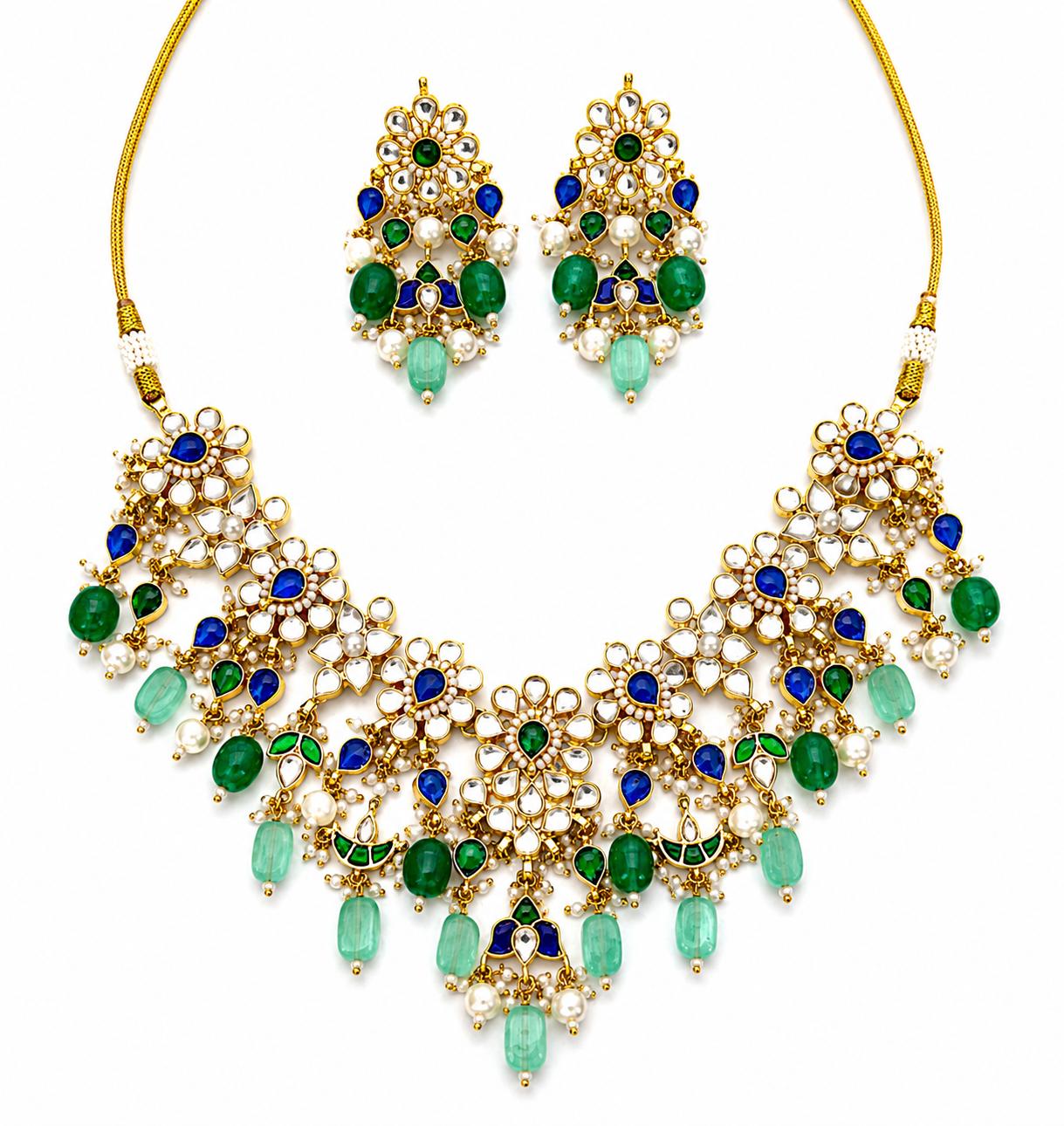 9rock The Emerald and Sapphire Kundan Necklace & Earring Set - kundan Jewellery