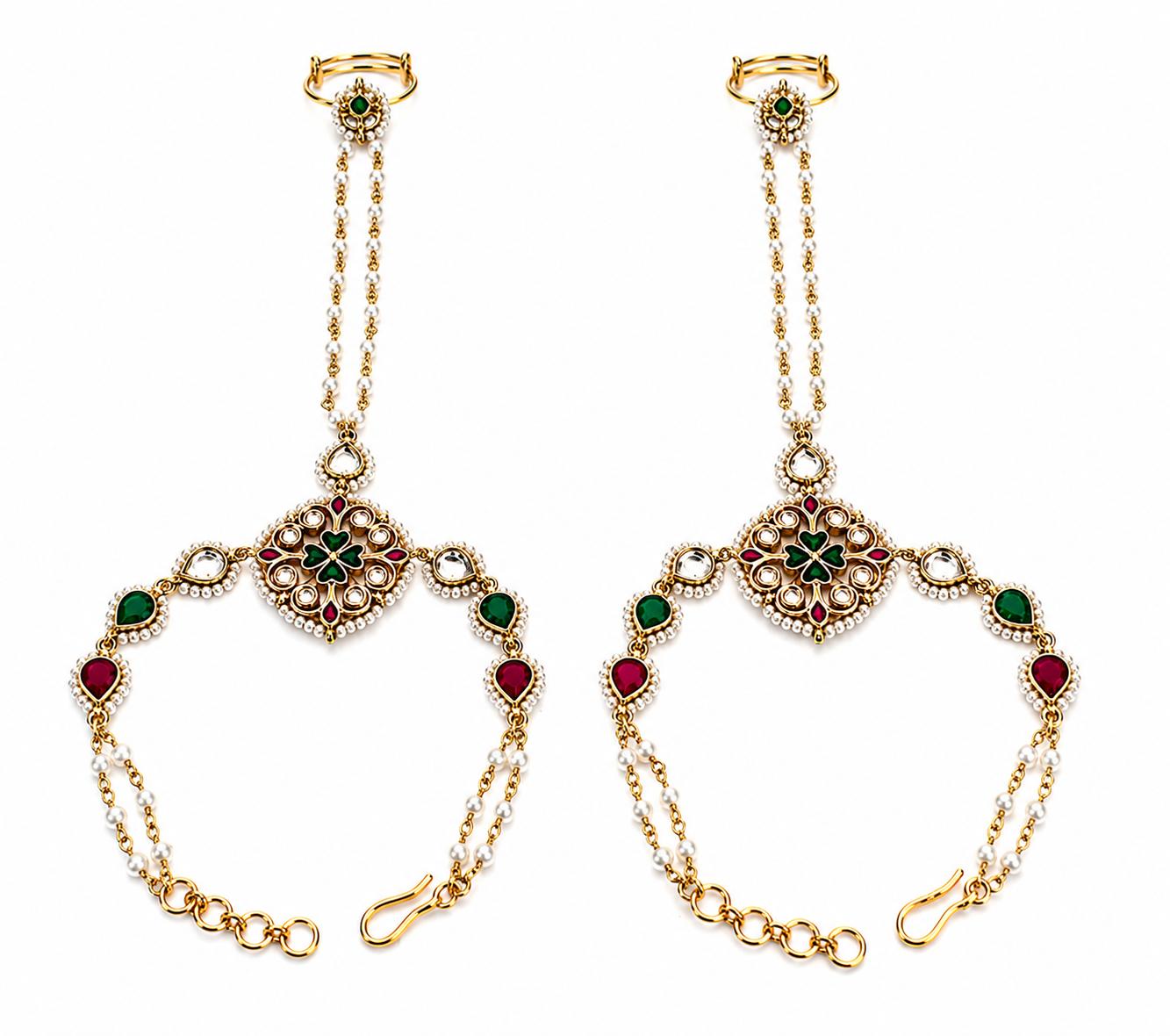 9rock Kundan Hathphool with Emerald and Ruby - kundan Jewellery