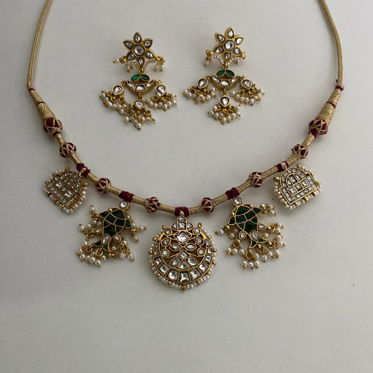 Emerald Lotus Kundan Necklace & Earring Set - 9rock