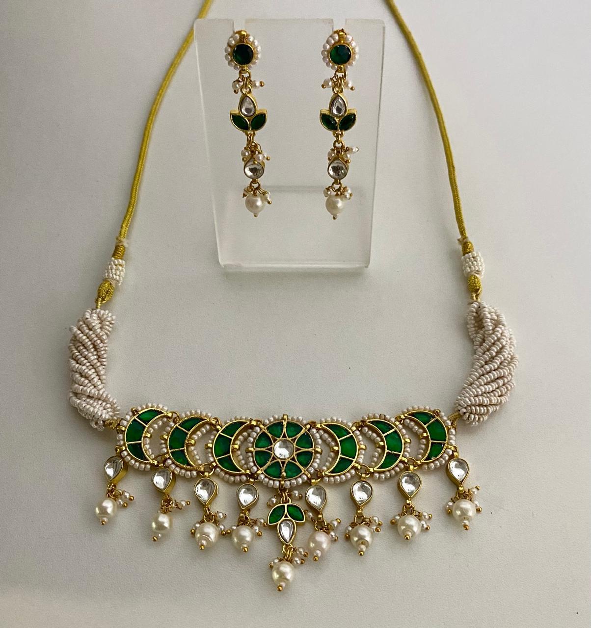 The Emerald Crescent Kundan Necklace & Earring Set - 9rock