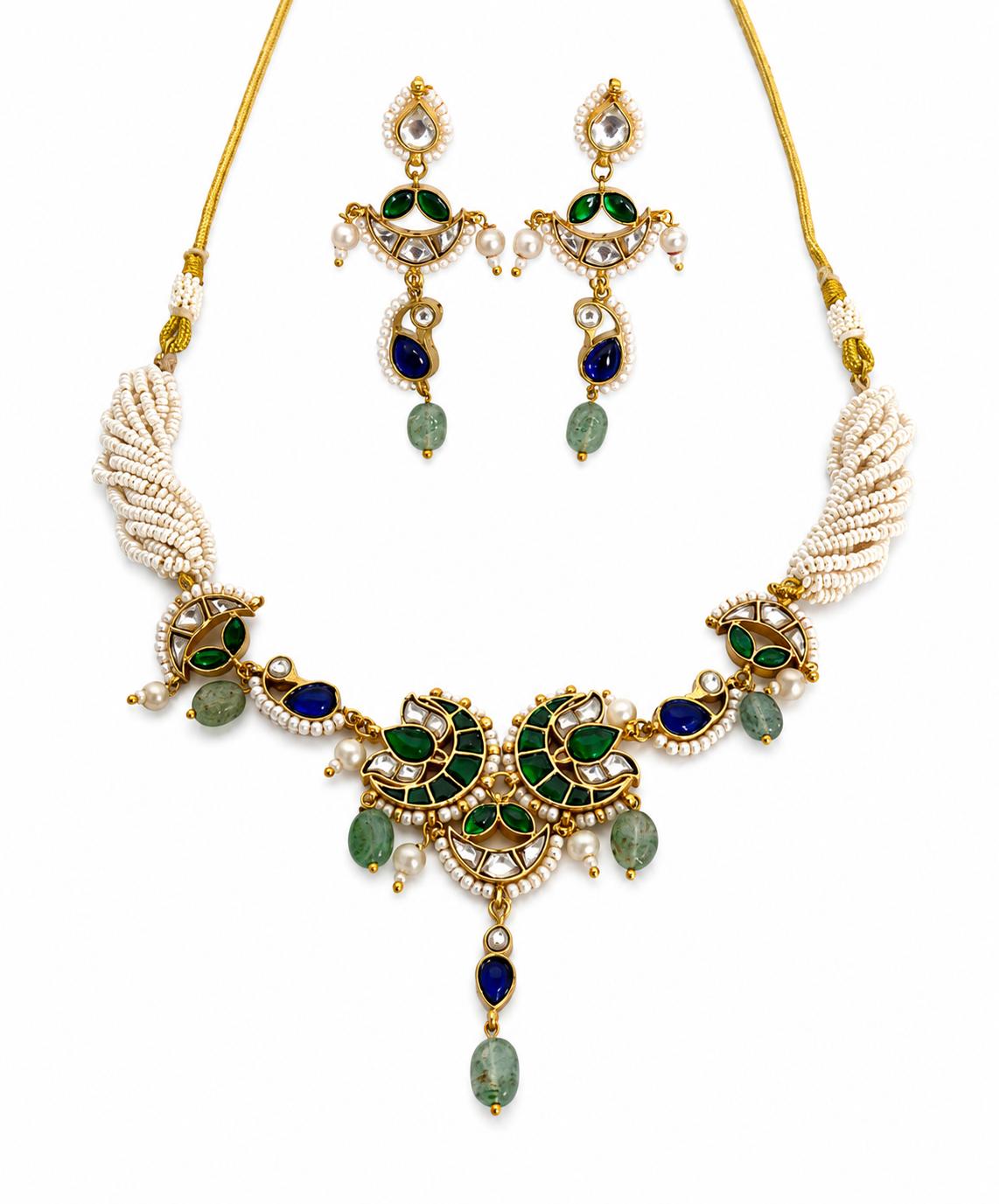 9rock The Emerald Peacock Kundan Necklace Set - kundan Jewellery