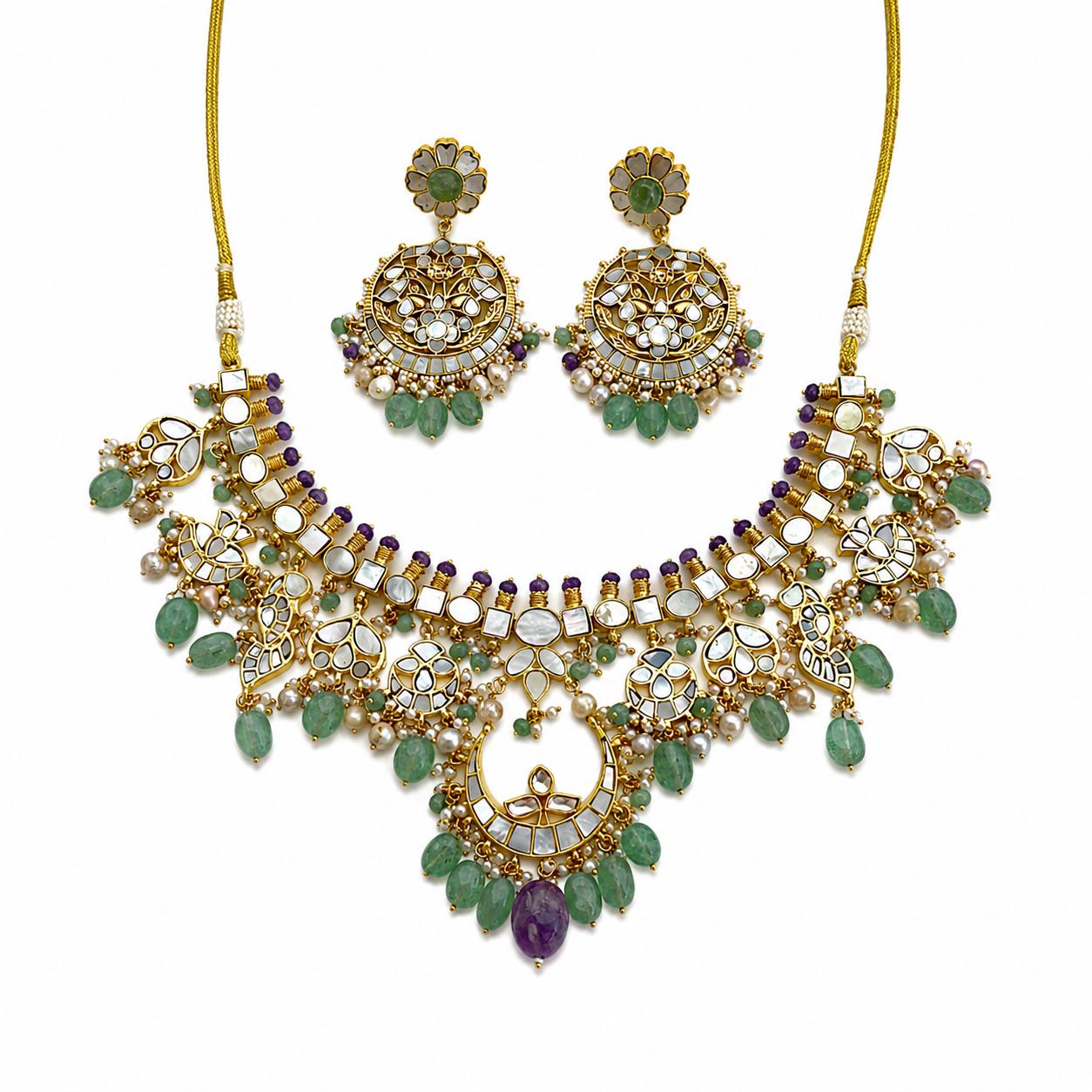 9rock The Emerald Moon Kundan Necklace & Earring Set - kundan Jewellery