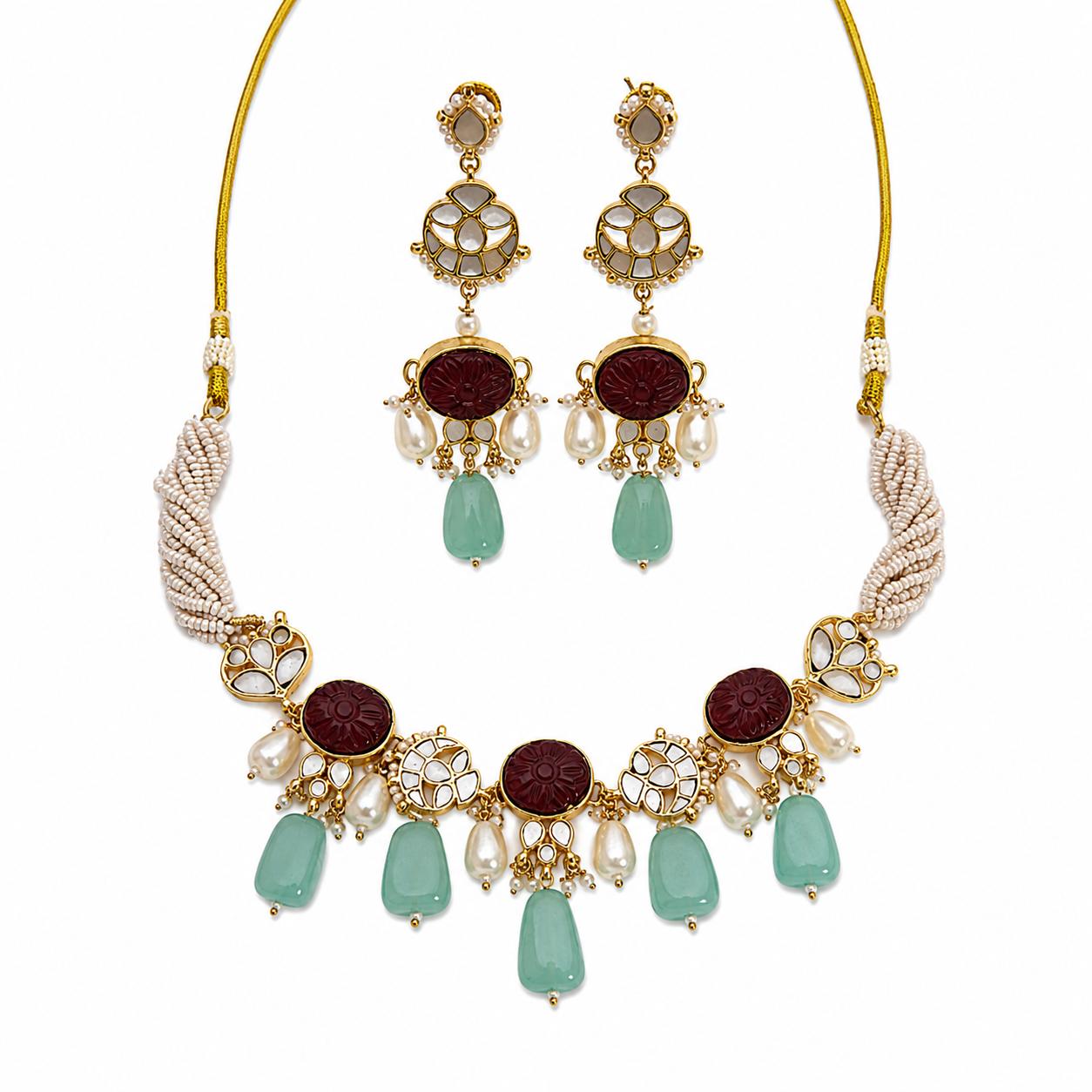 9rock Jade Carved Kundan Necklace & Earring Set - kundan Jewellery