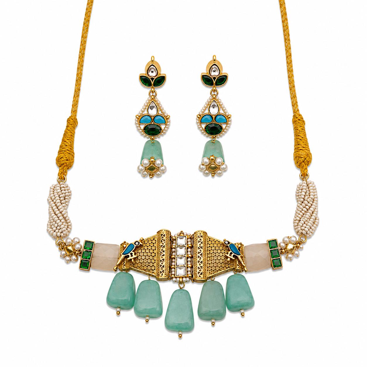 9rock The Turquoise Bird Kundan Necklace & Earring Set - kundan Jewellery