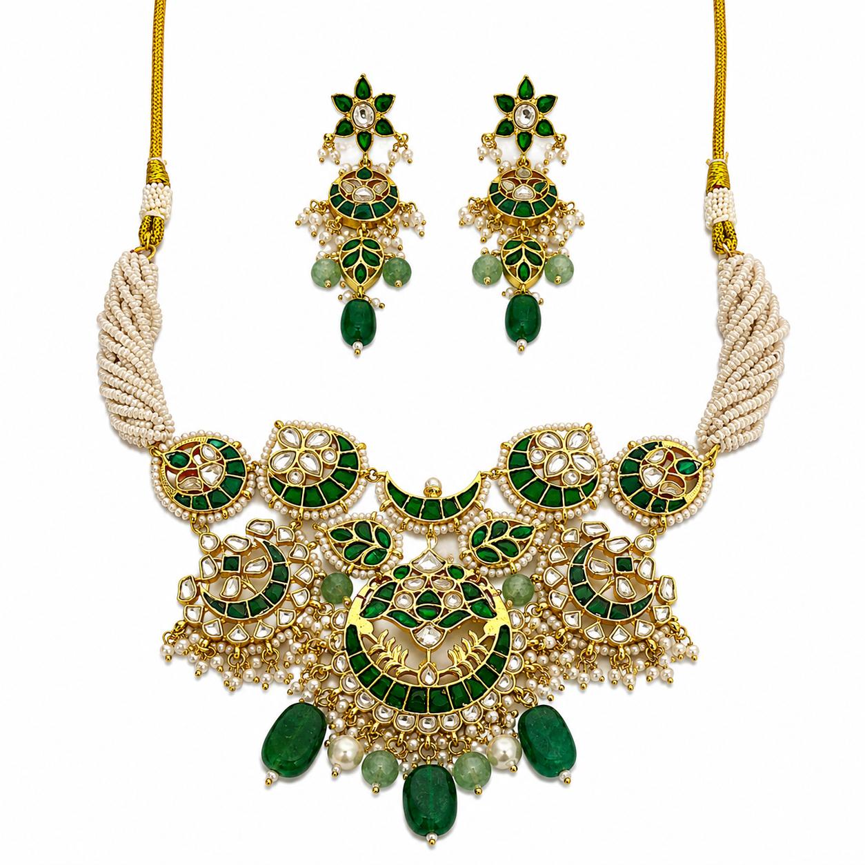 9rock Emerald Kundan Necklace and Earring Set - kundan Jewellery