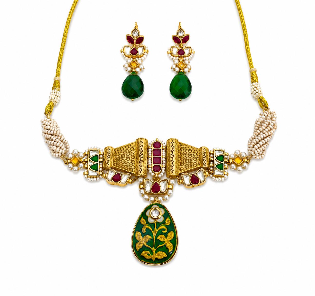 9rock Emerald Bloom Kundan Necklace & Earring Set - kundan Jewellery