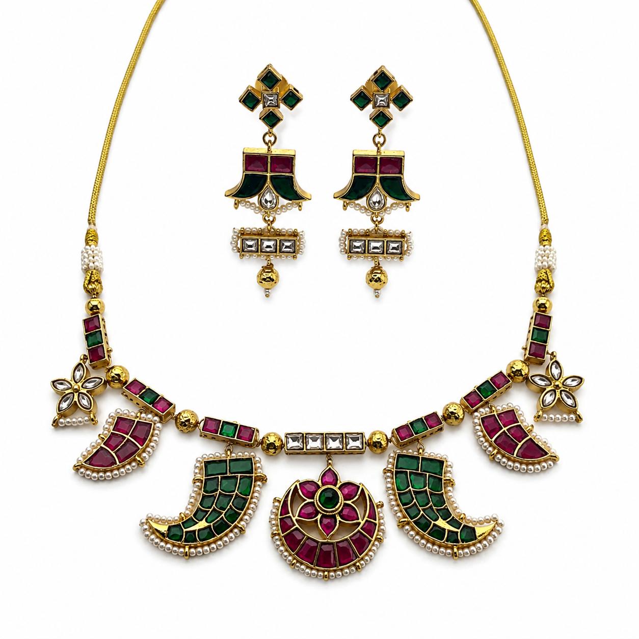 9rock The Emerald and Ruby Floral Kundan Necklace & Earring Set - kundan Jewellery