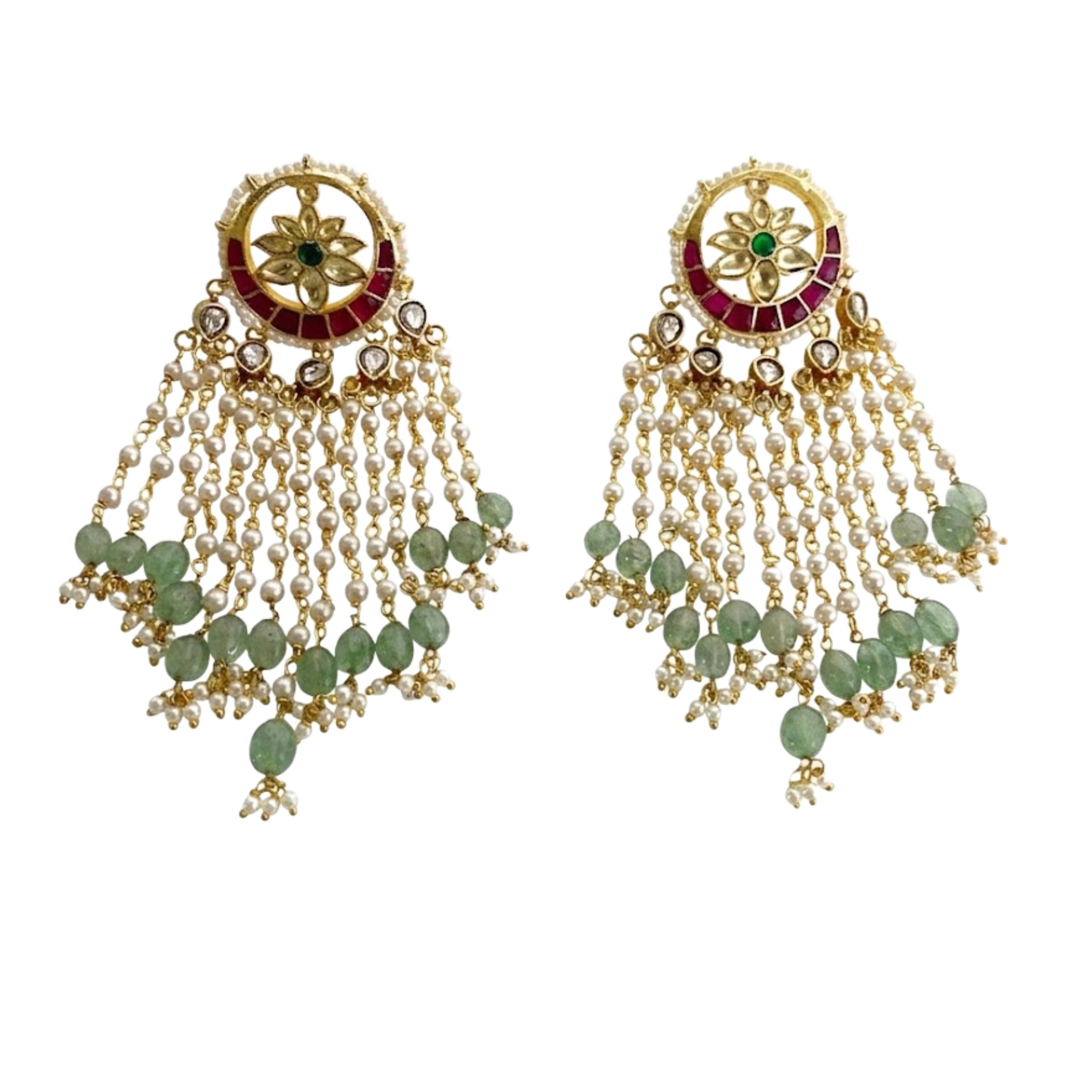 9rock Emerald Kundan Pearl Drop Earrings - kundan Jewellery