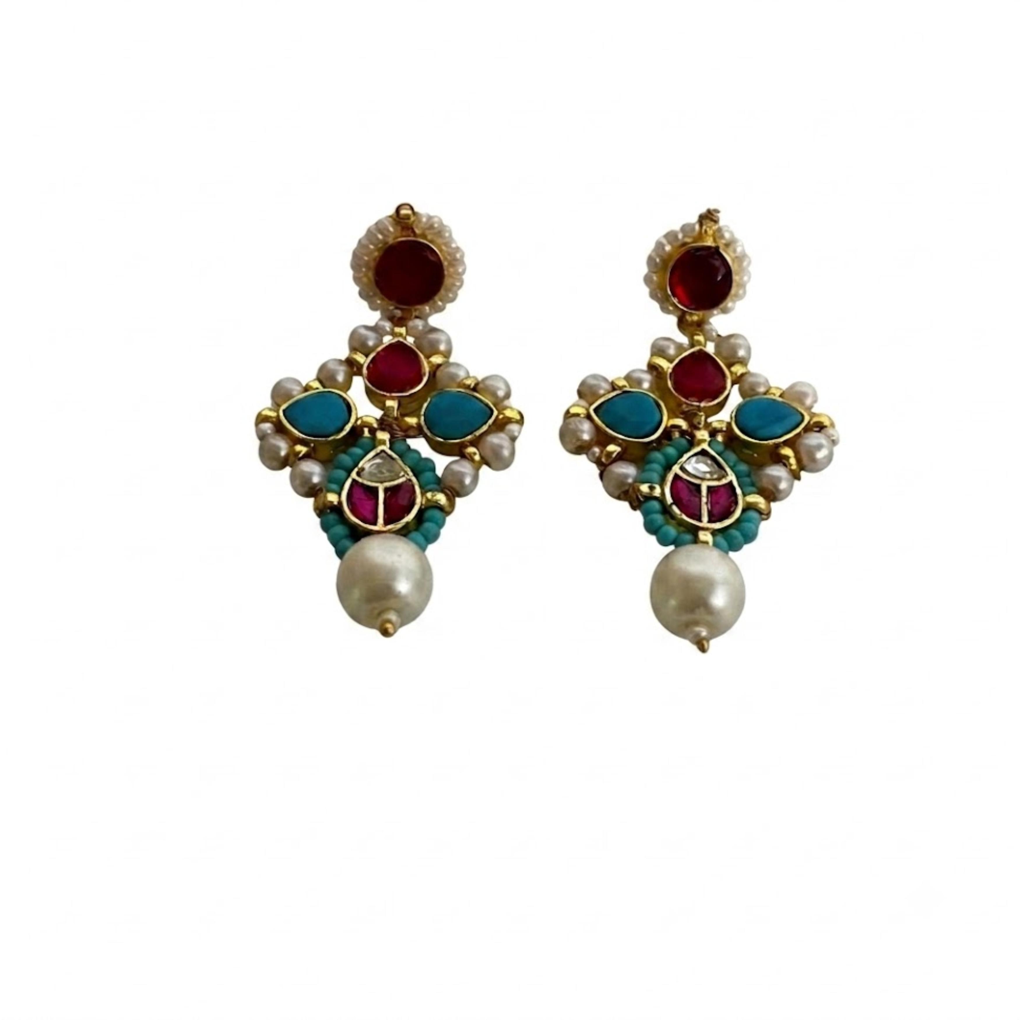 9rock The Royal Ruby & Teal Kundan Earrings - kundan Jewellery