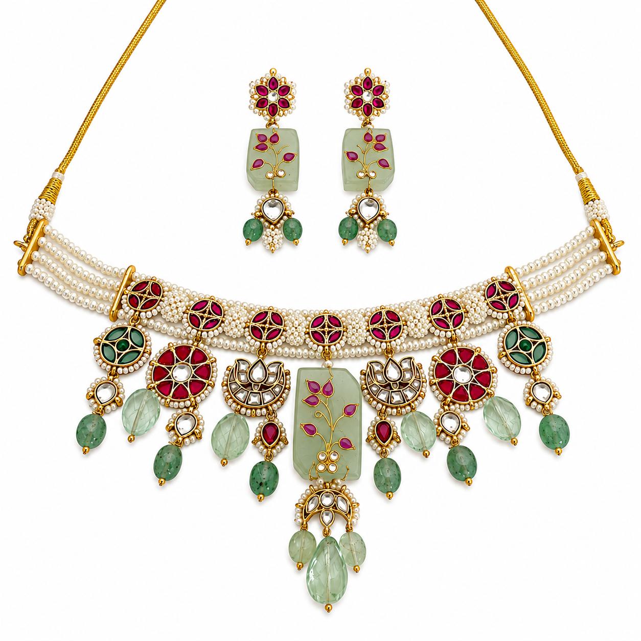 9rock The Verdant Bloom Kundan Necklace And Earring Set - kundan Jewellery