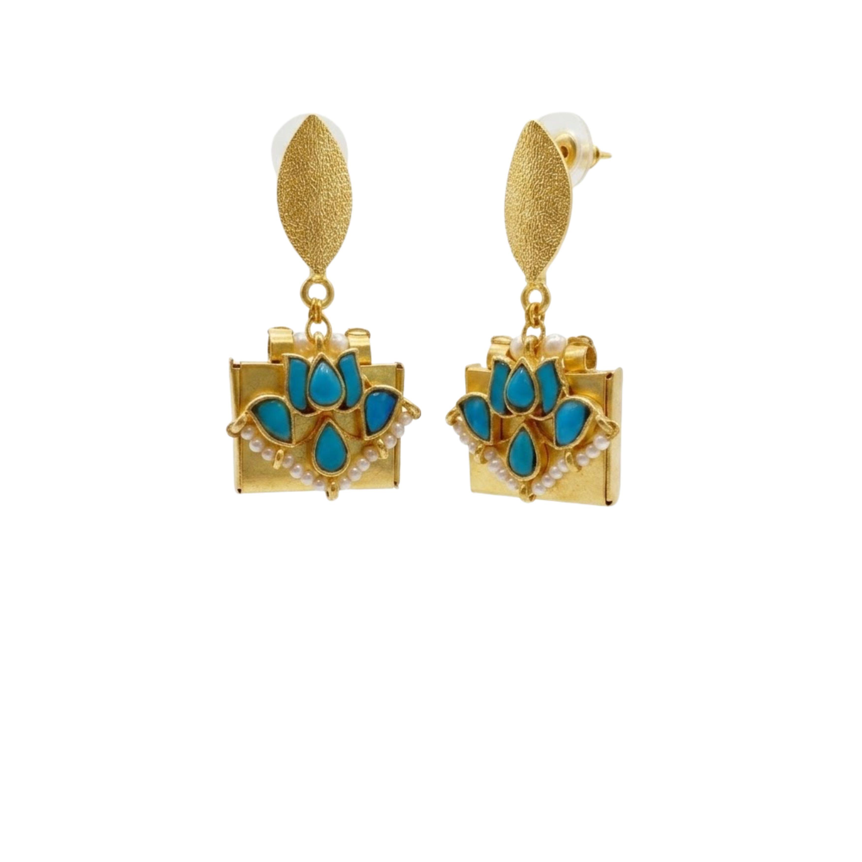 9rock Turquoise Lotus Kundan Earrings - kundan Jewellery