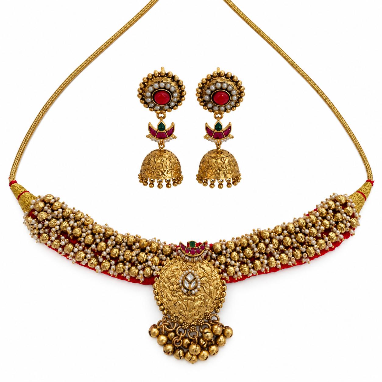 9rock The Kundan Red Pearl Necklace Earring Set - kundan Jewellery