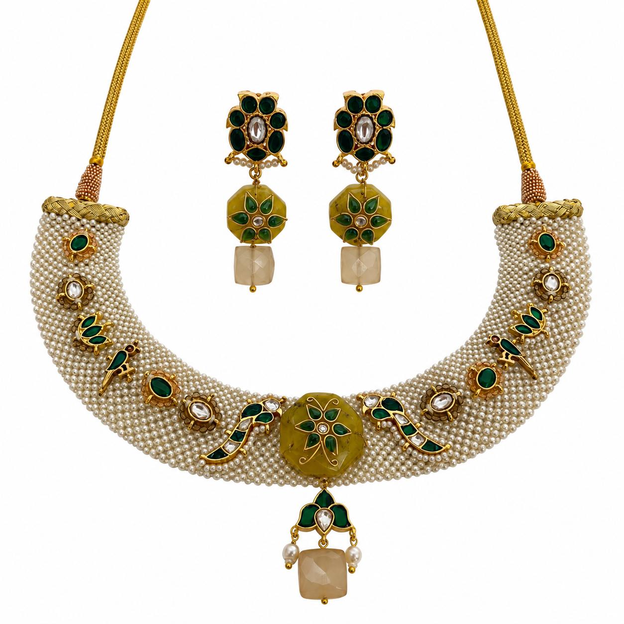 9rock The Emerald Blossom Kundan Necklace and Earring Set - kundan Jewellery
