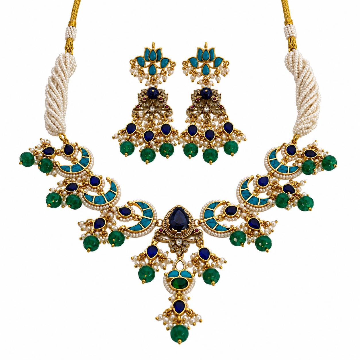 9rock The Azure Crescent Kundan Necklace And Earring Set - kundan Jewellery