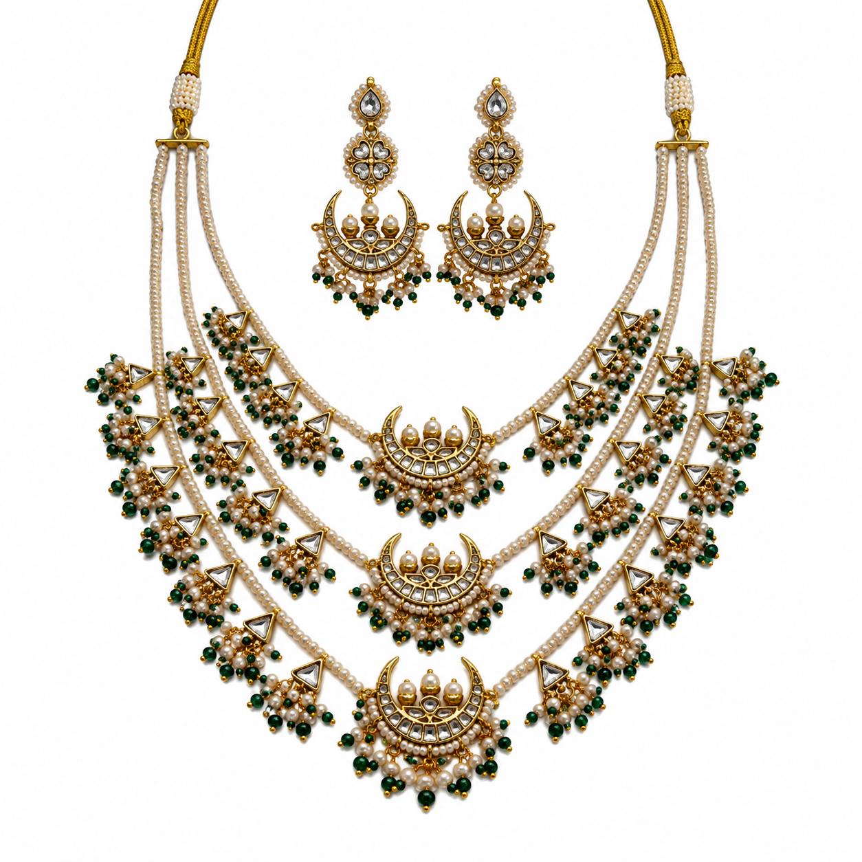 9rock Crescent Kundan Pearl Necklace Earring Set - kundan Jewellery