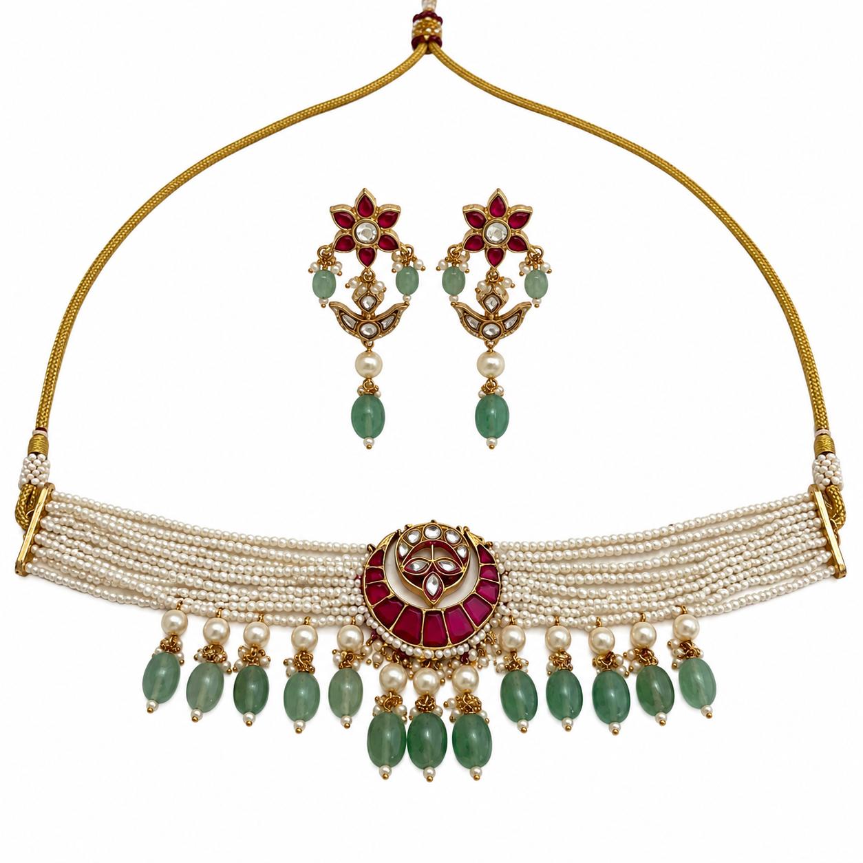 9rock Regal Kundan Emerald Necklace Earring Set - kundan Jewellery