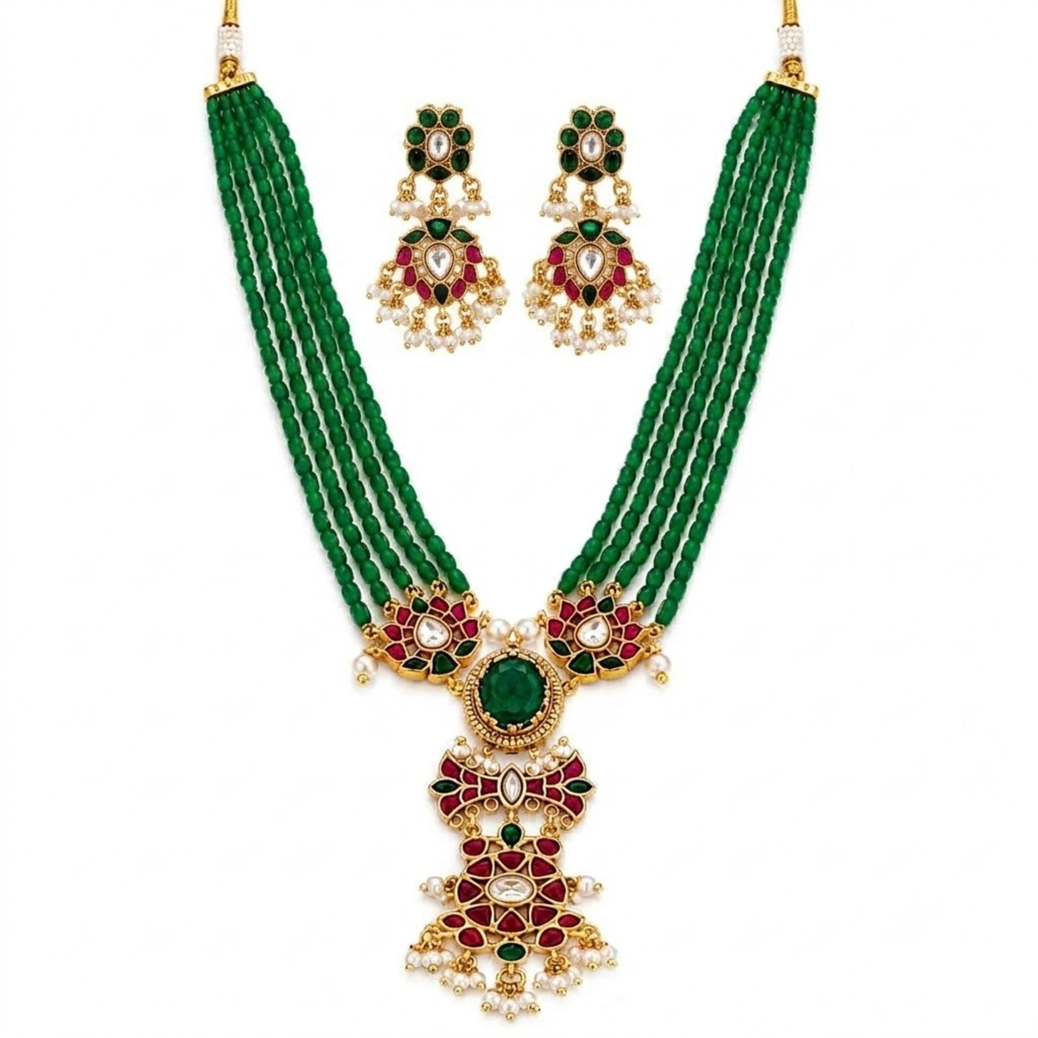 Emerald Blossom Kundan Necklace and Earring Set - 9rock