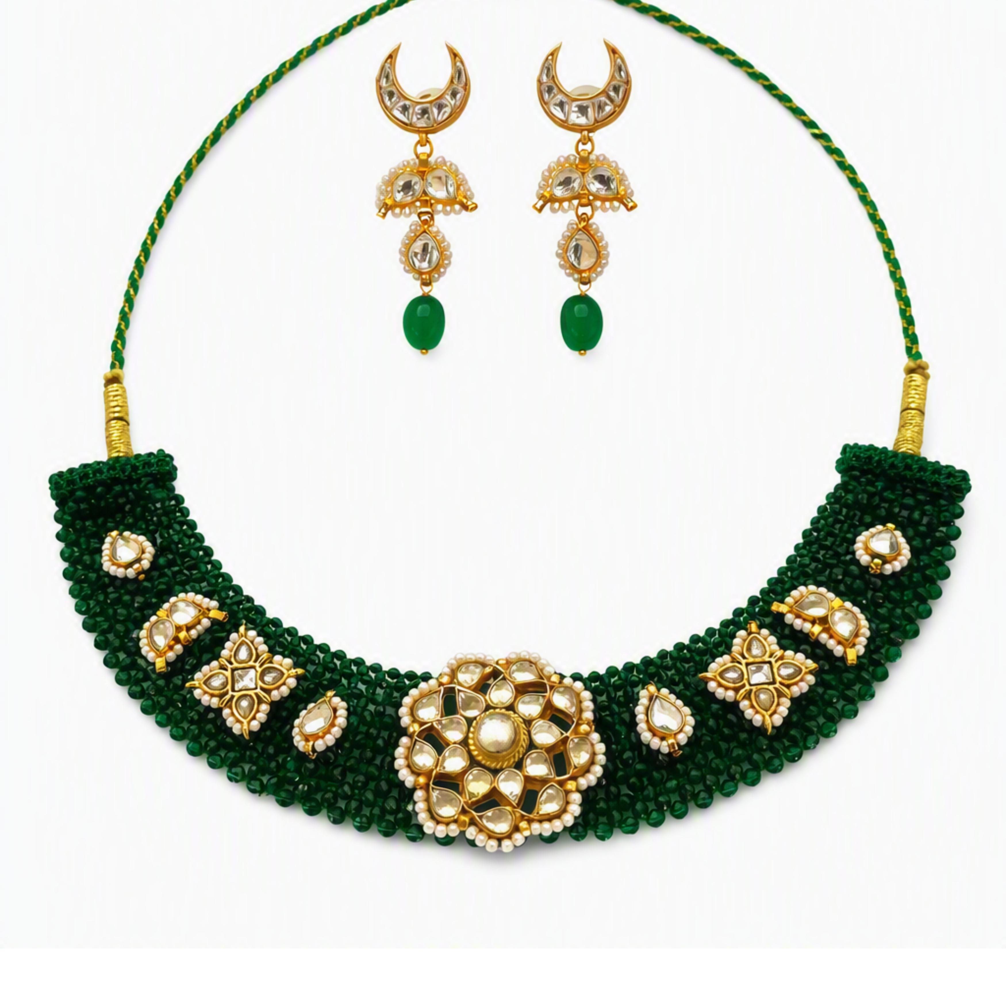 9rock Emerald Kundan Necklace And Earring Set - kundan Jewellery