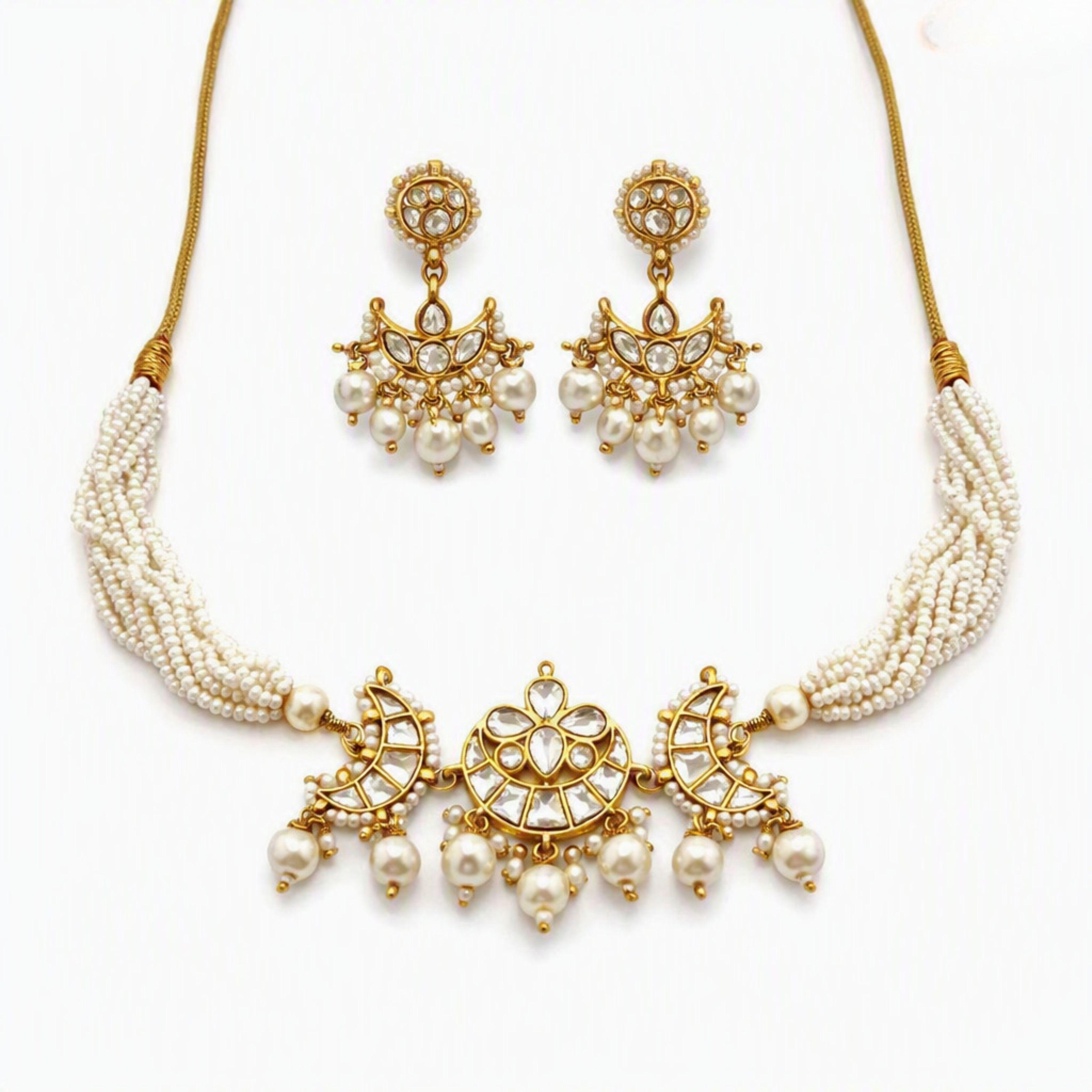 9rock The Lunar Crescent Kundan Necklace And Earring Set - kundan Jewellery