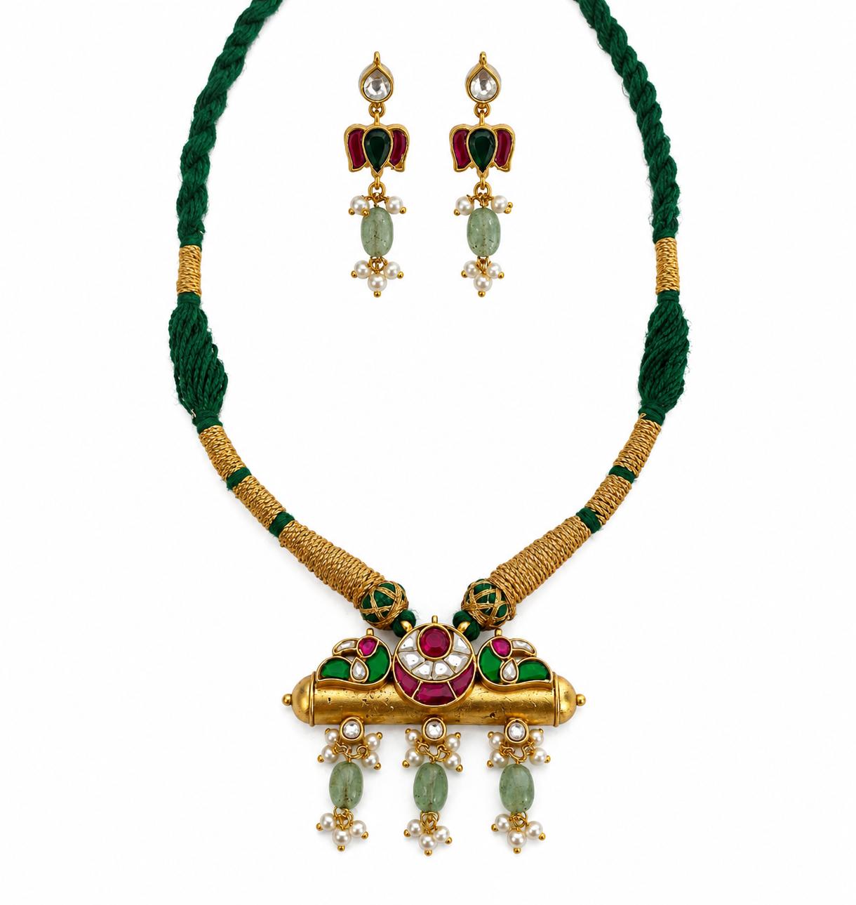 9rock Emerald Lotus Kundan Necklace And Earring set - kundan Jewellery