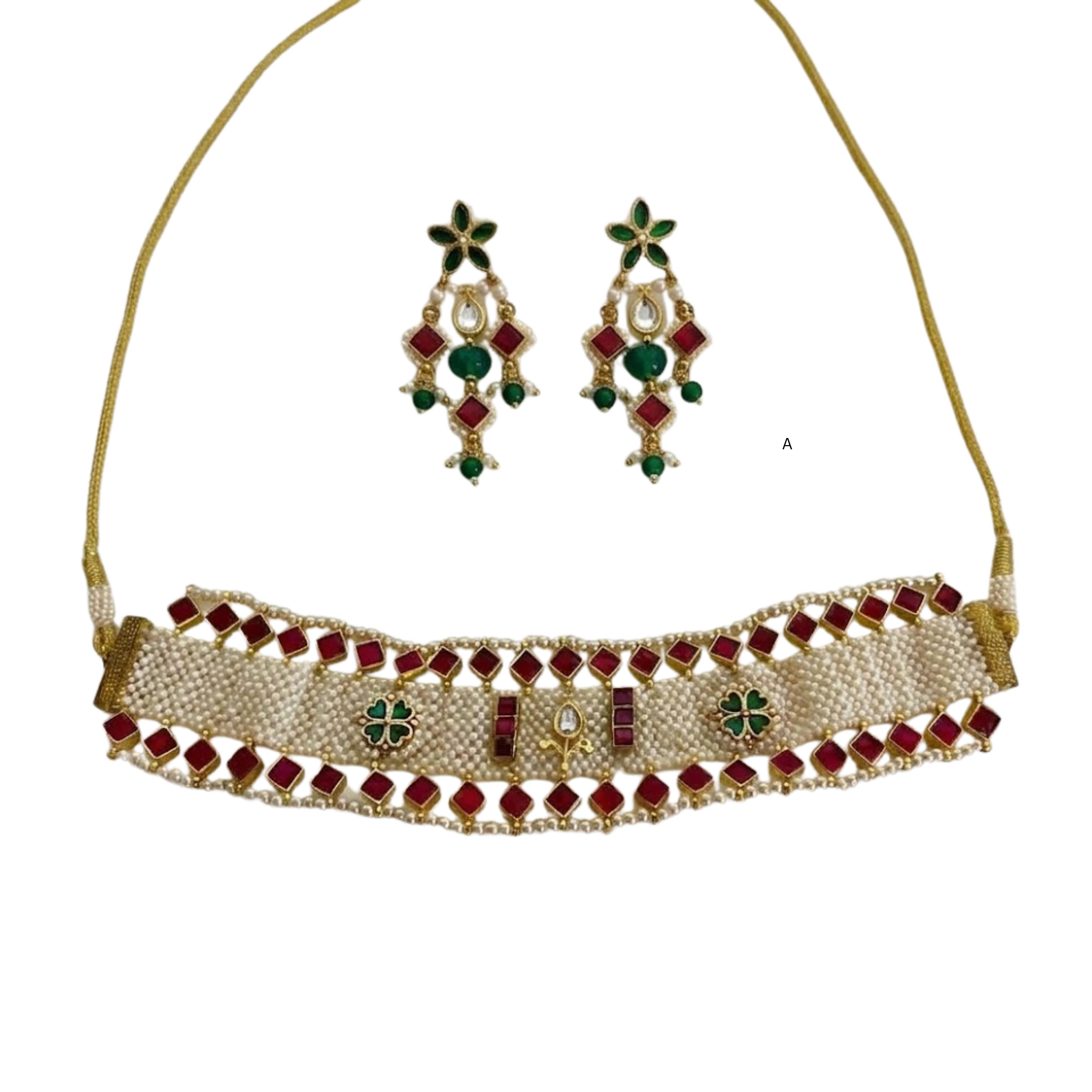 9rock The Ruby Emerald Kundan Necklace Earring Set - kundan Jewellery