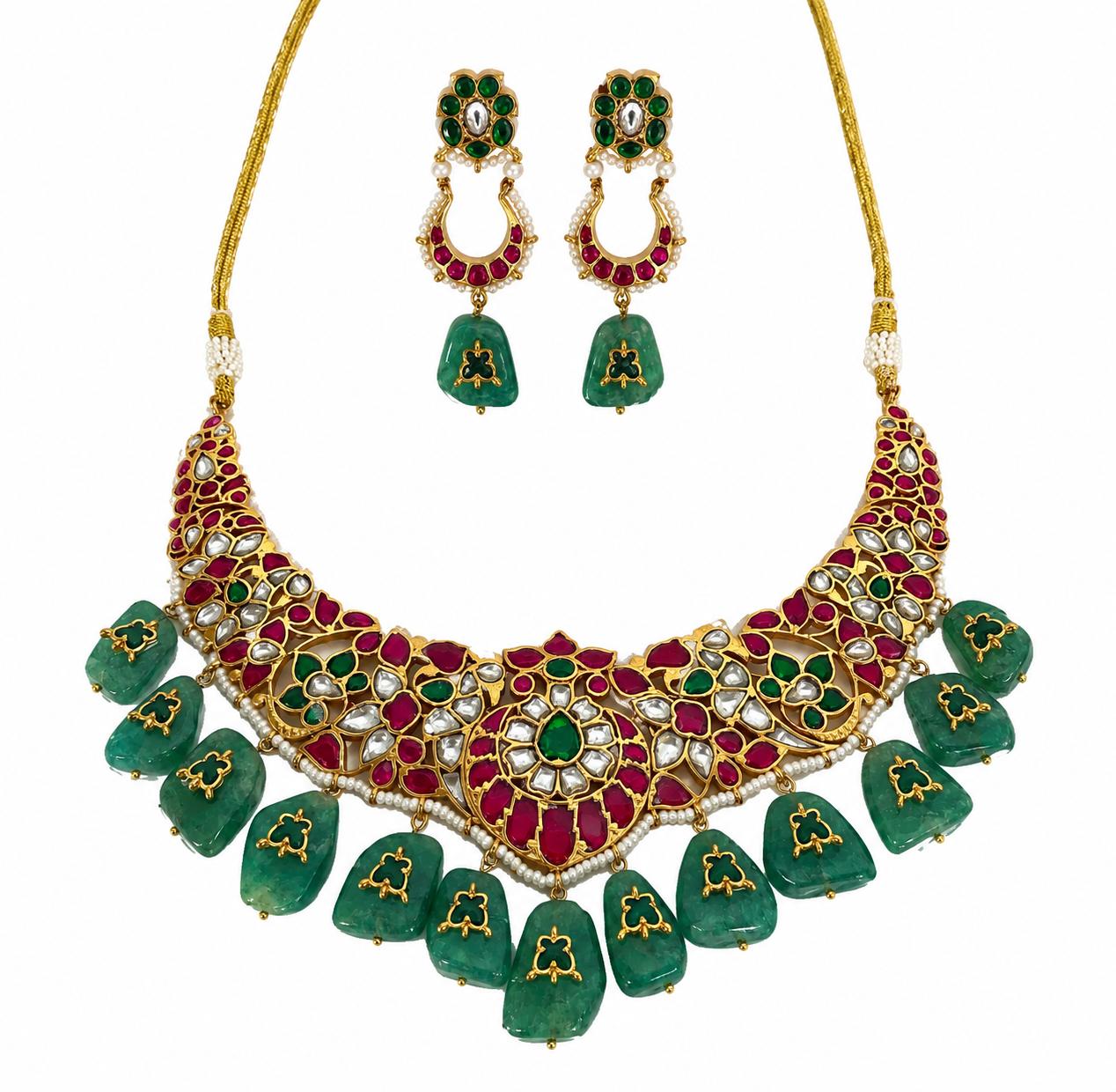 9rock The Emerald Bloom Kundan Necklace and Earring Set - kundan Jewellery