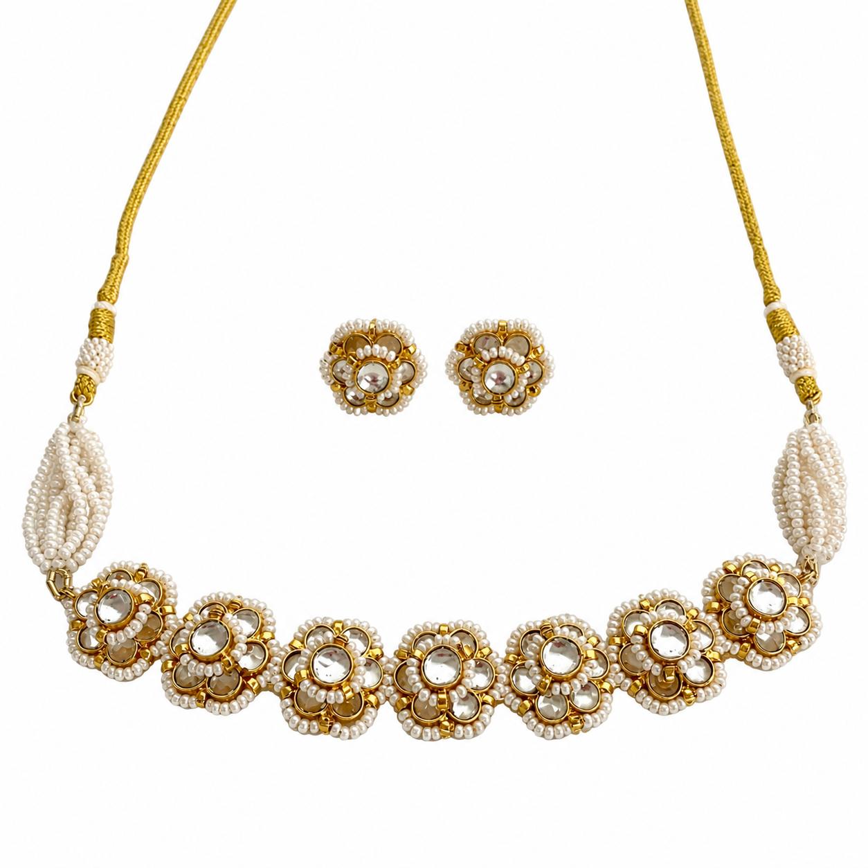 Floral Kundan Pearl Necklace and Earring Set - 9rock