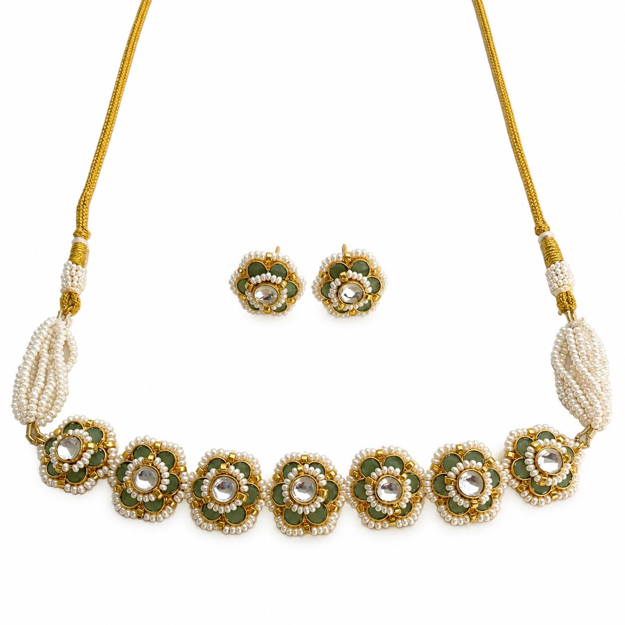 Emerald Bloom Kundan Necklace and Earring Set - 9rock