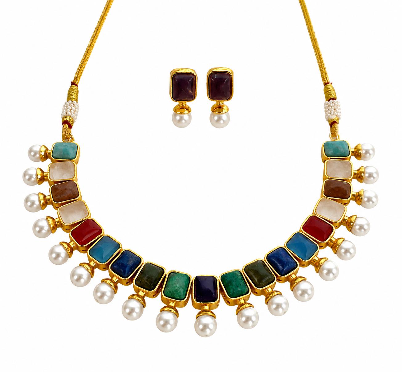 Multicolor Gemstone Pearl Necklace and Earring Set — 9rock
