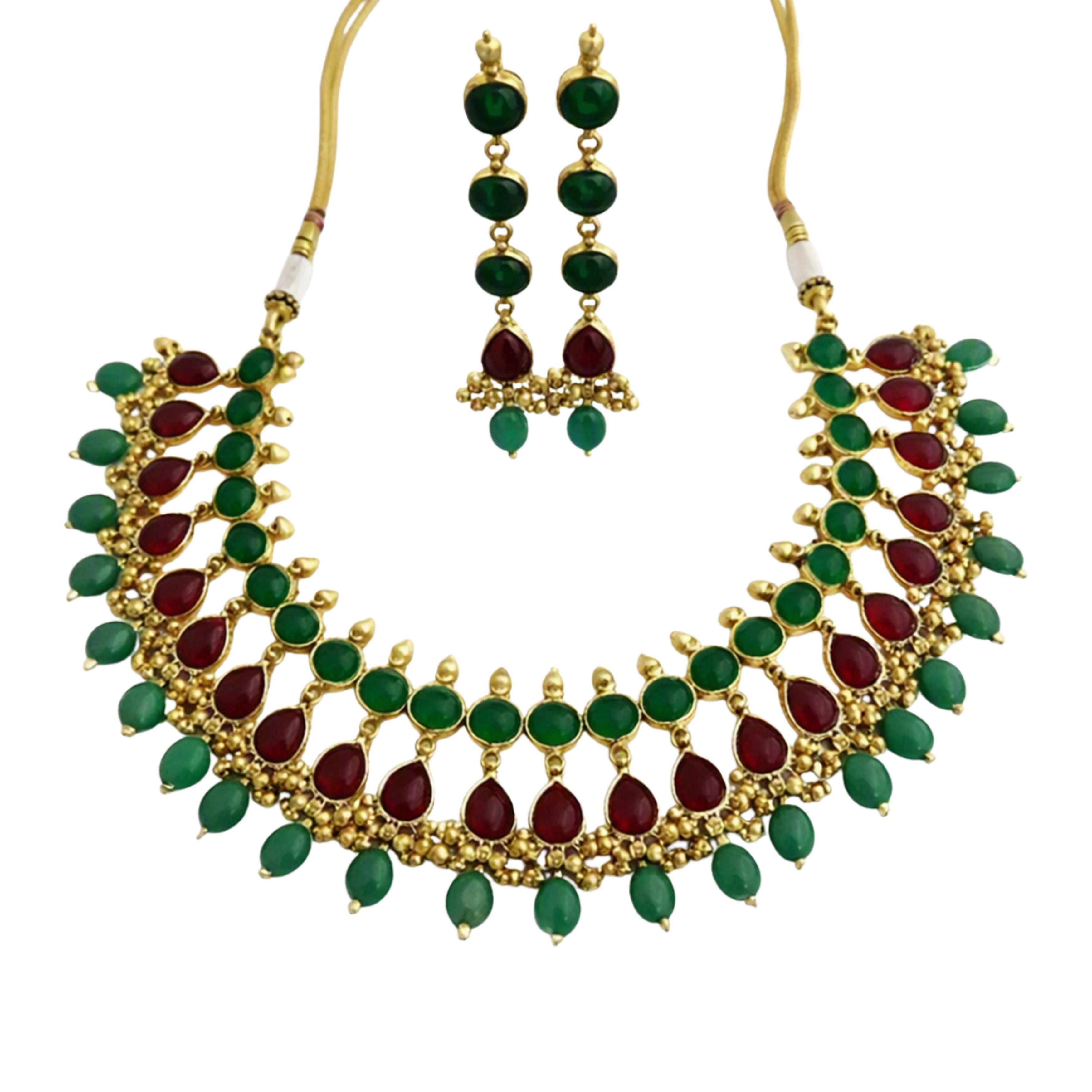 9rock The Emerald and Ruby Kundan Necklace and Earring Set - kundan Jewellery