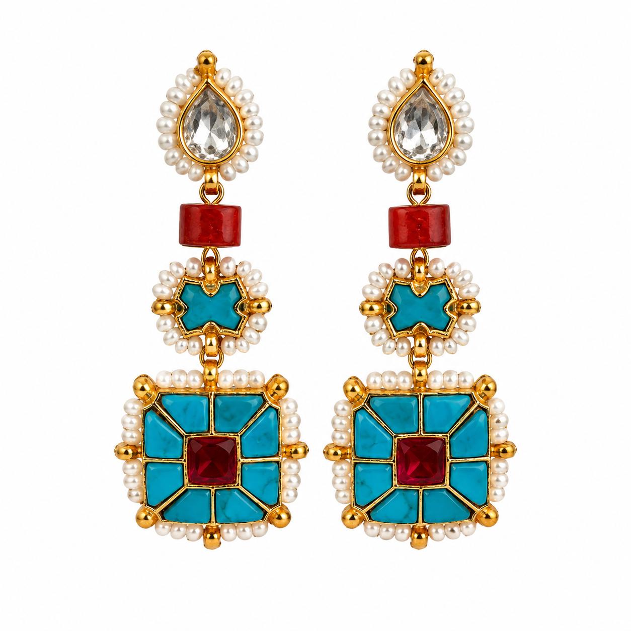 9rock Turquoise Kundan Gemstone Earrings - kundan Jewellery
