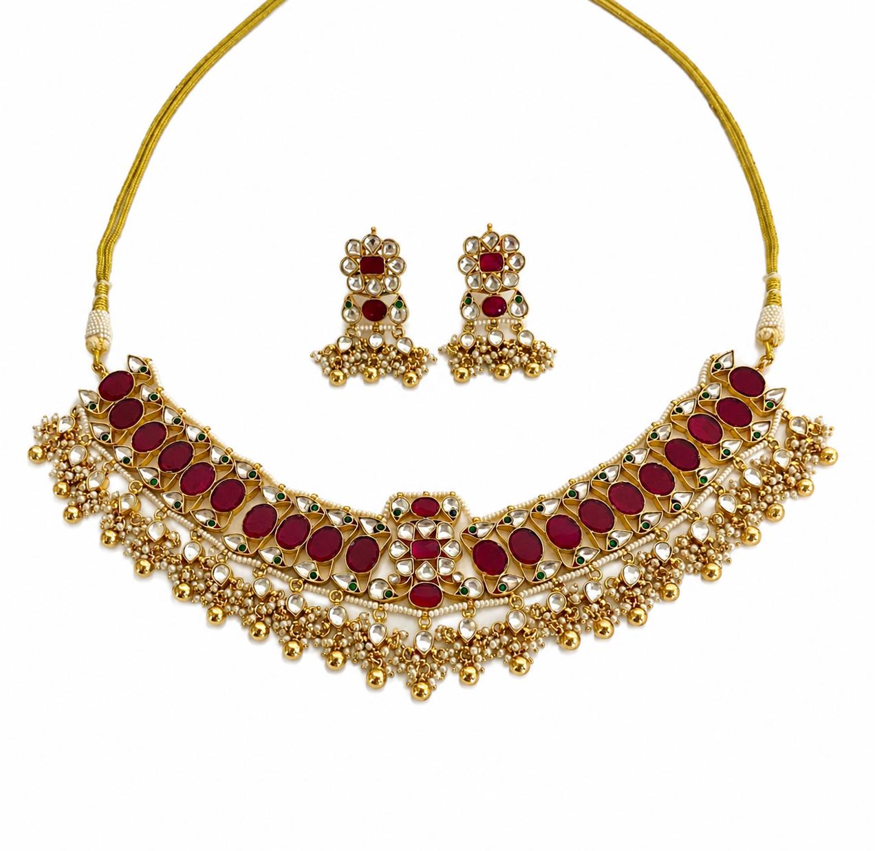 9rock The Crimson Bloom Kundan Necklace Earring Set - kundan Jewellery