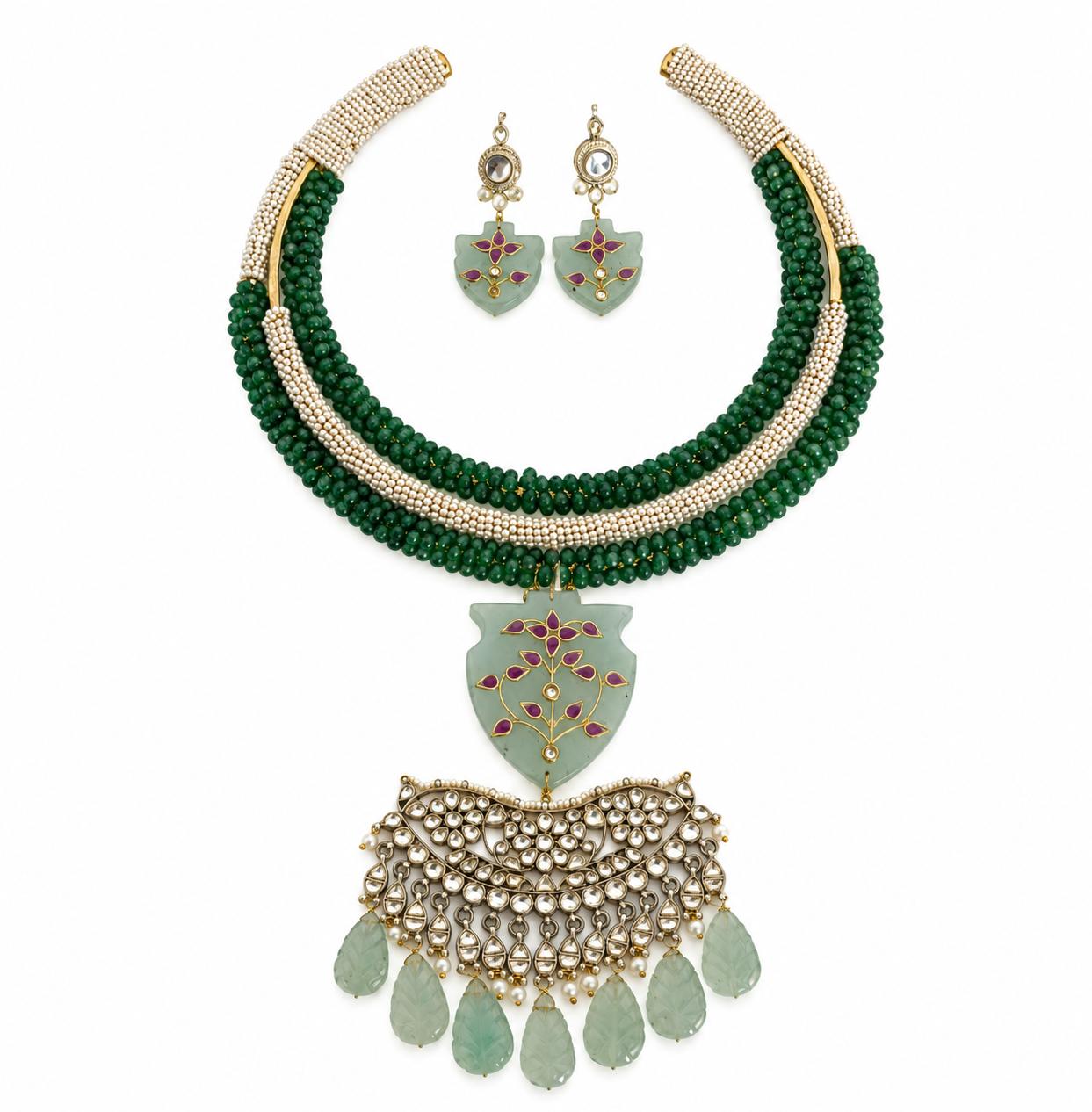 9rock The Emerald Bloom Kundan Necklace and Earring Set - kundan Jewellery