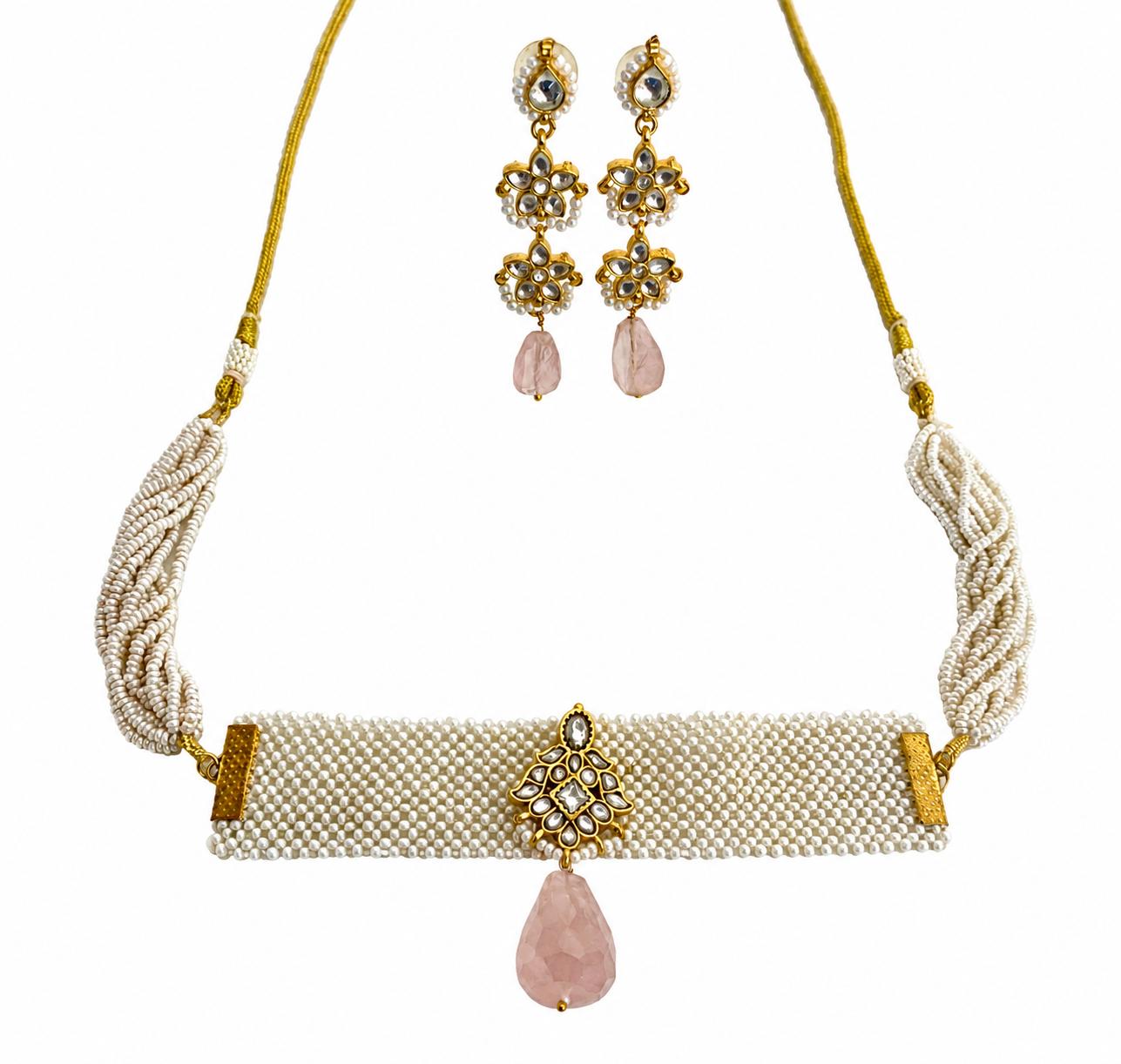 9rock The Rose Quartz Kundan Necklace and Earring Set - kundan Jewellery