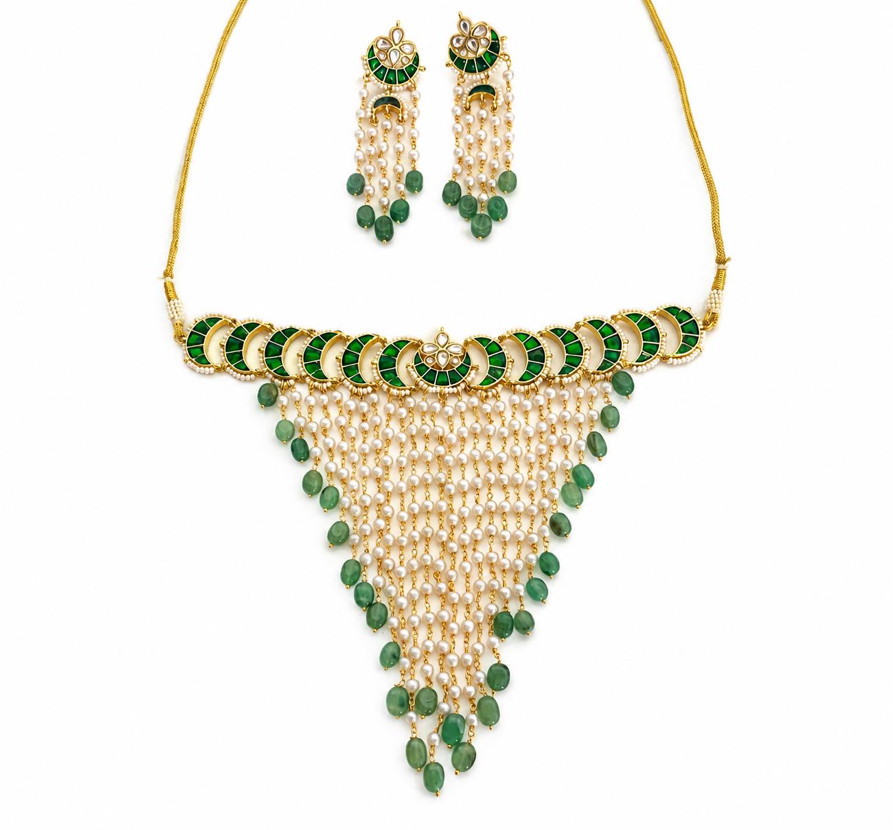 9rock Emerald Crescent Kundan Necklace Earring Set - kundan Jewellery