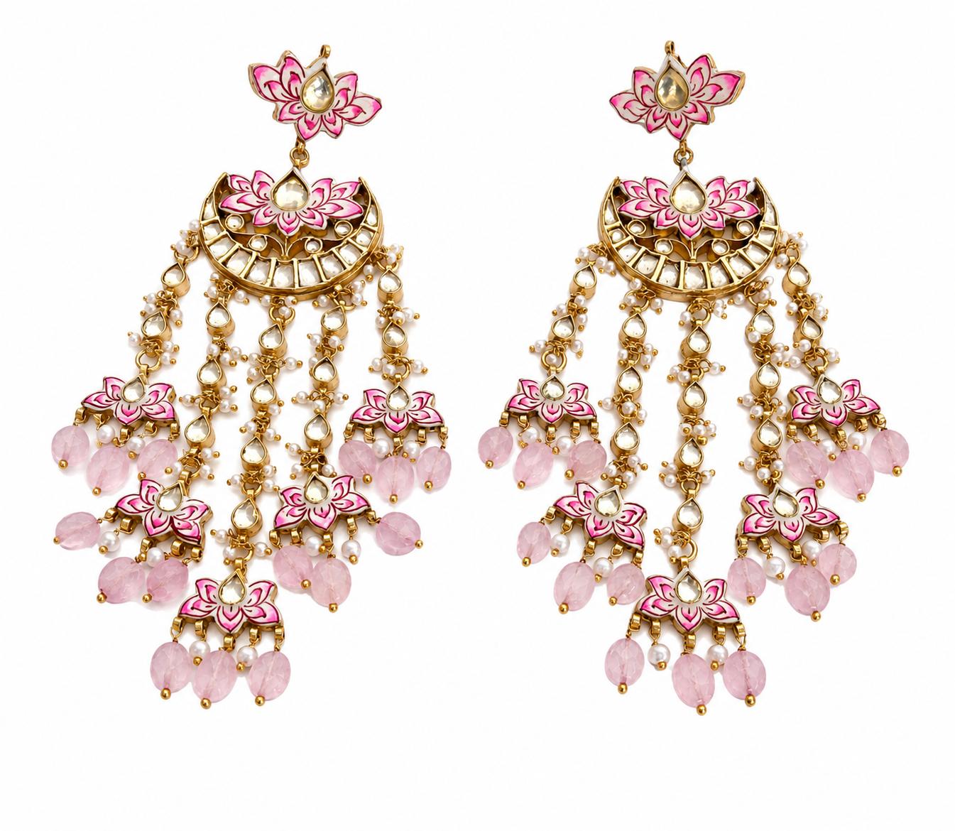9rock Lotus Kundan Chandelier Earrings - kundan Jewellery