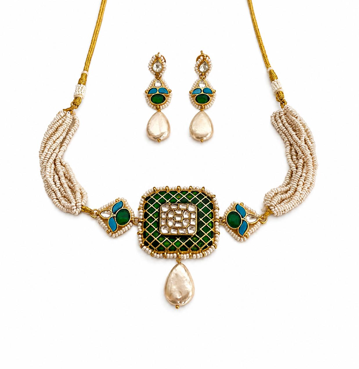 Emerald Kundan Pearl Necklace Earring Set — 9rock