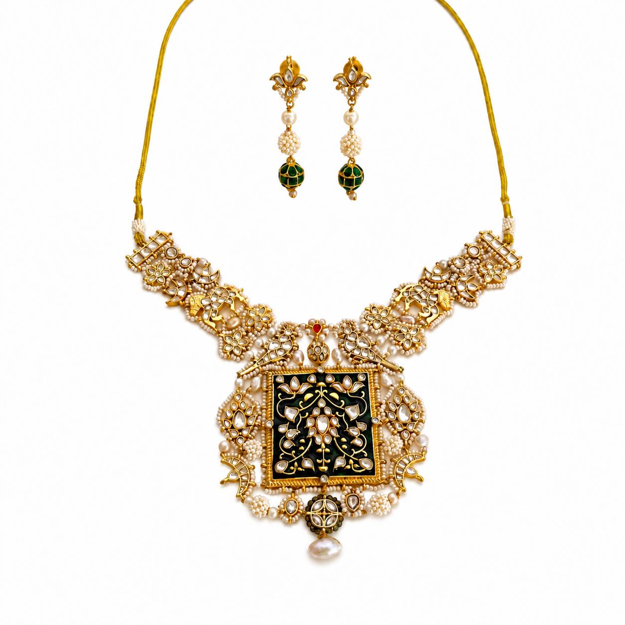 9rock Kundan Emerald Drop Necklace And Earring Set - kundan Jewellery