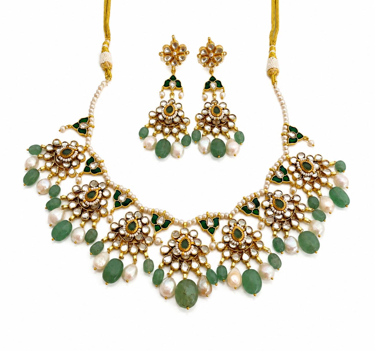 9rock The Emerald Floral Kundan Necklace Earring Set - kundan Jewellery